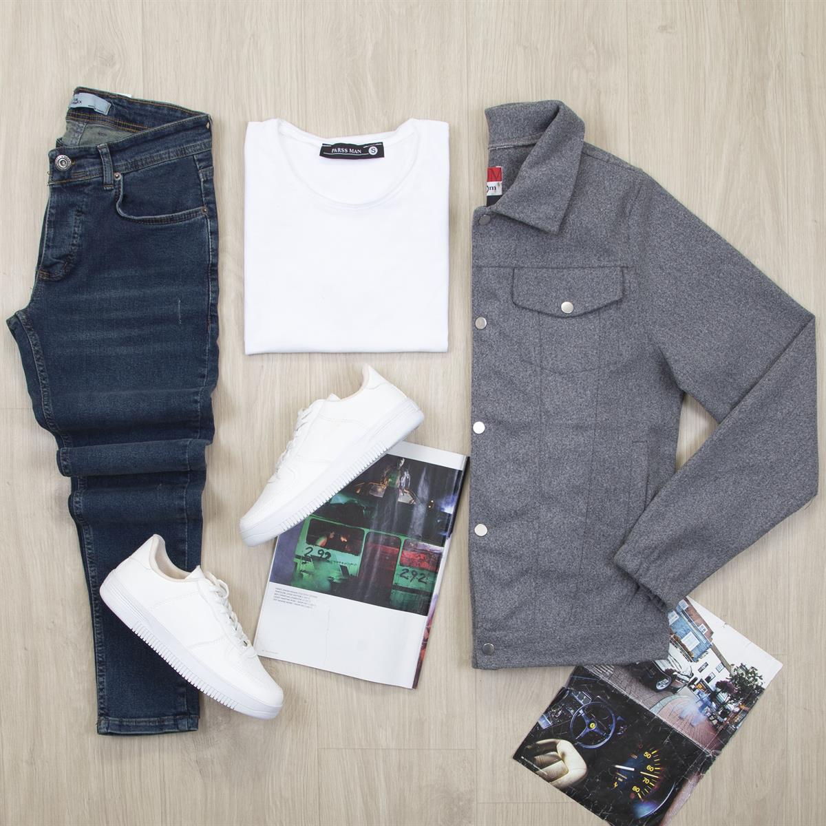 Gri Kaşe Ceket Tişört Pantolon Ayakkabı Kombin