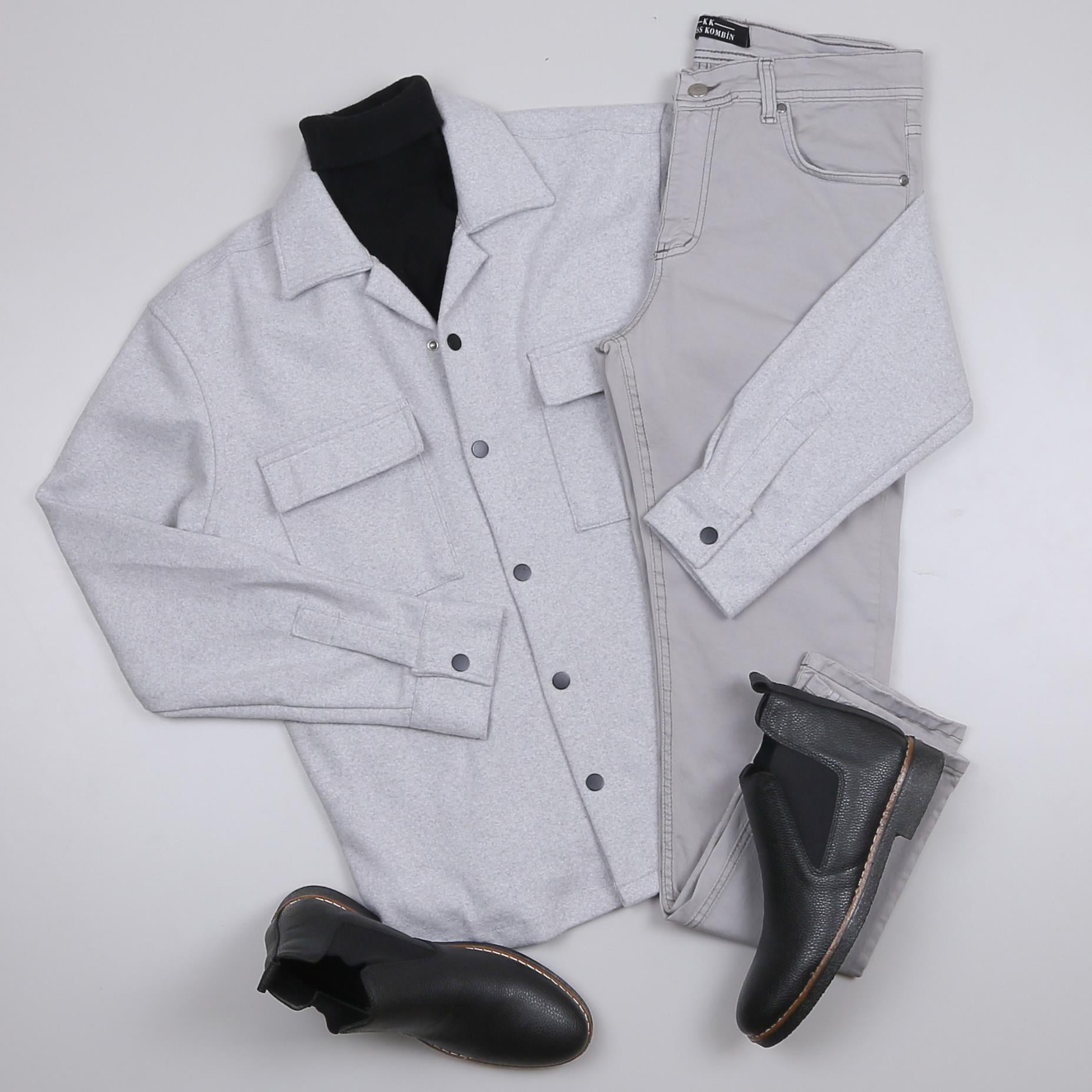 Gri Kaşe Gömlek Boğazlı Body Pantolon Bot Kombin