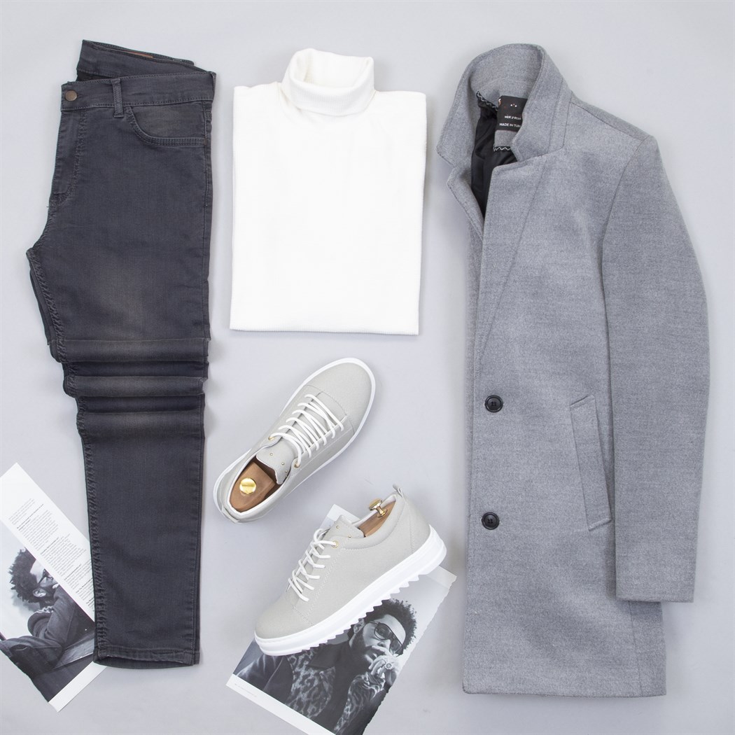 Gri Kaşe Kaban Boğazlı Kazak Pantolon Ayakkabı Kombin