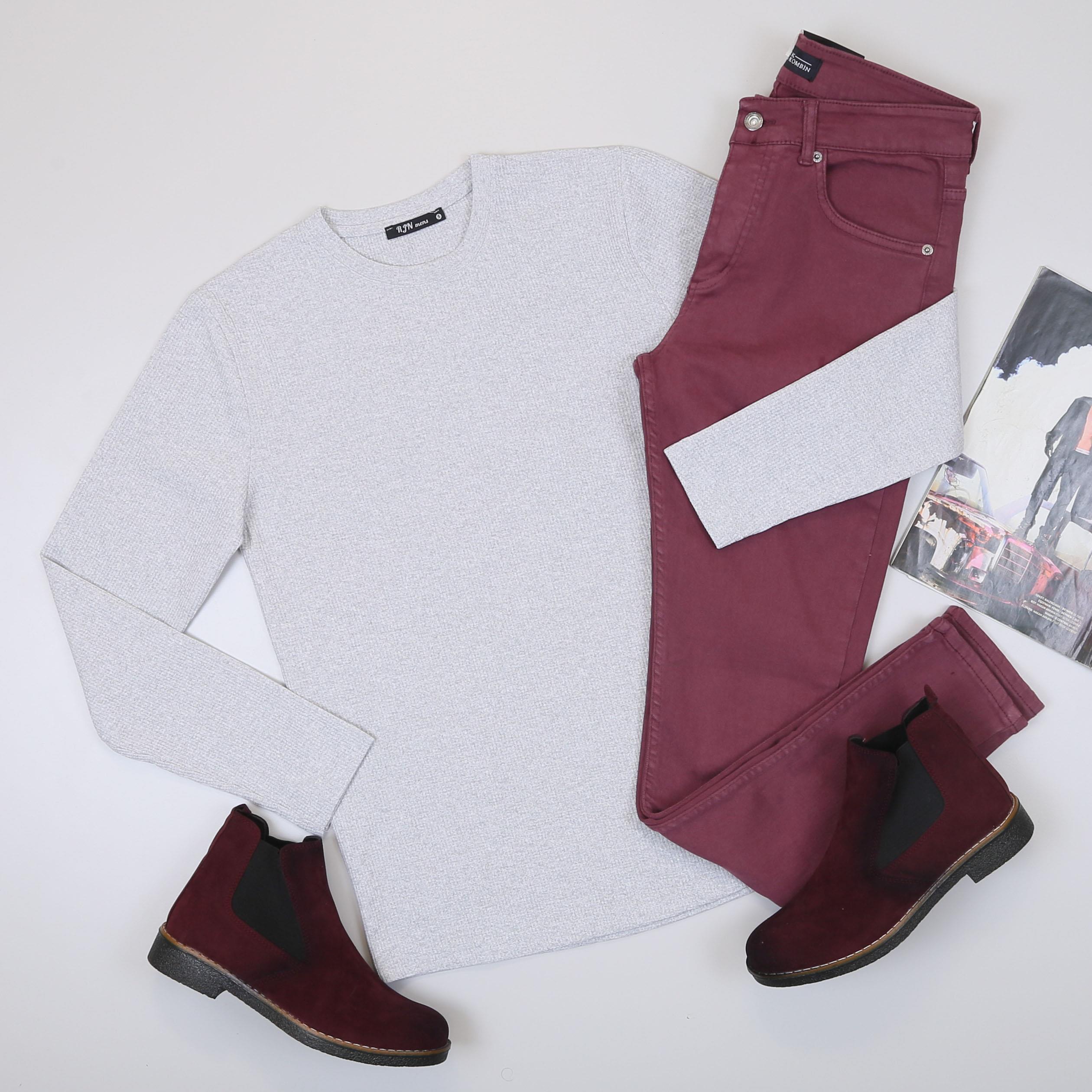 Gri Kazak Pantolon Bot Kombin