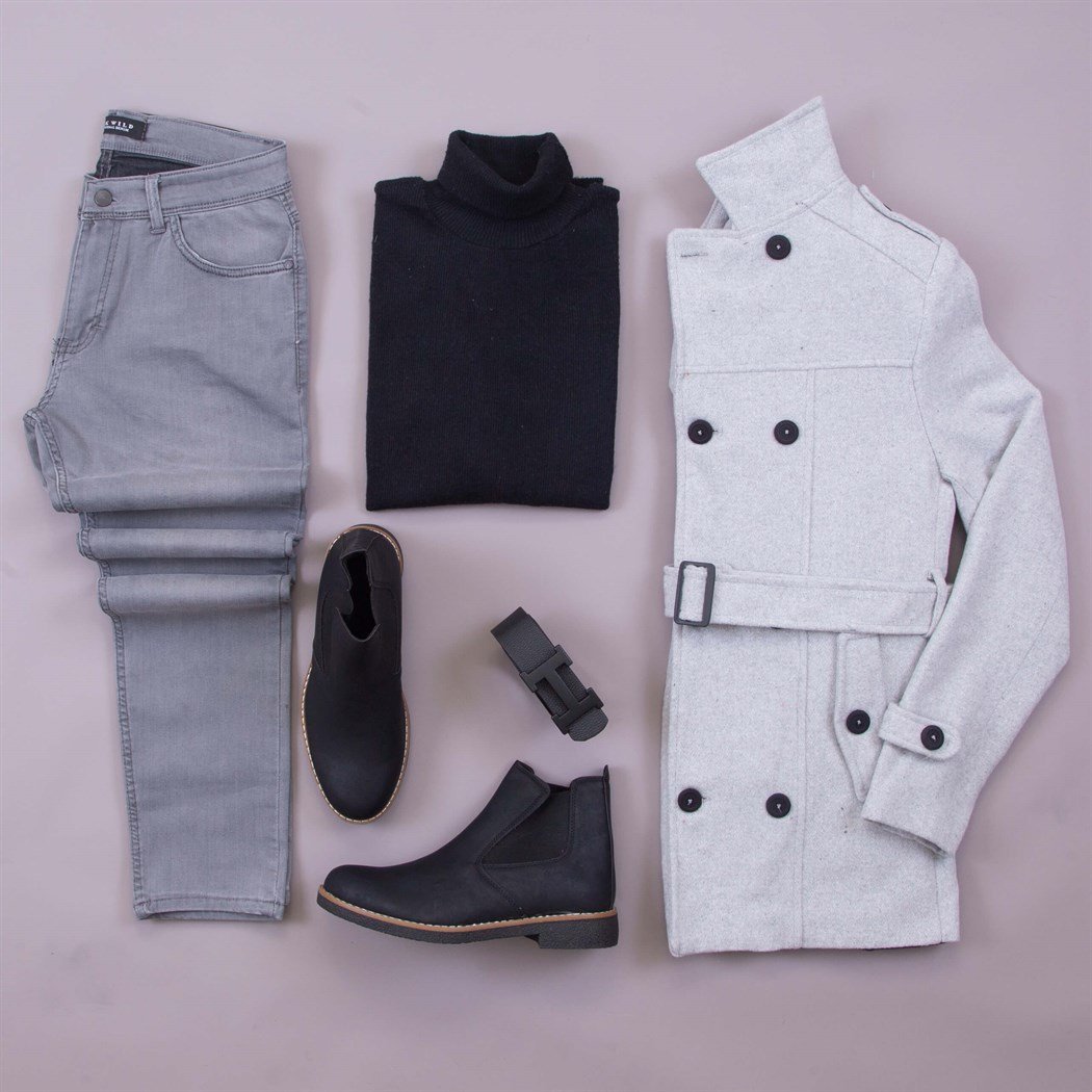 Gri Kemerli Kaşe Kaban Kazak Pantolon Bot Kombin