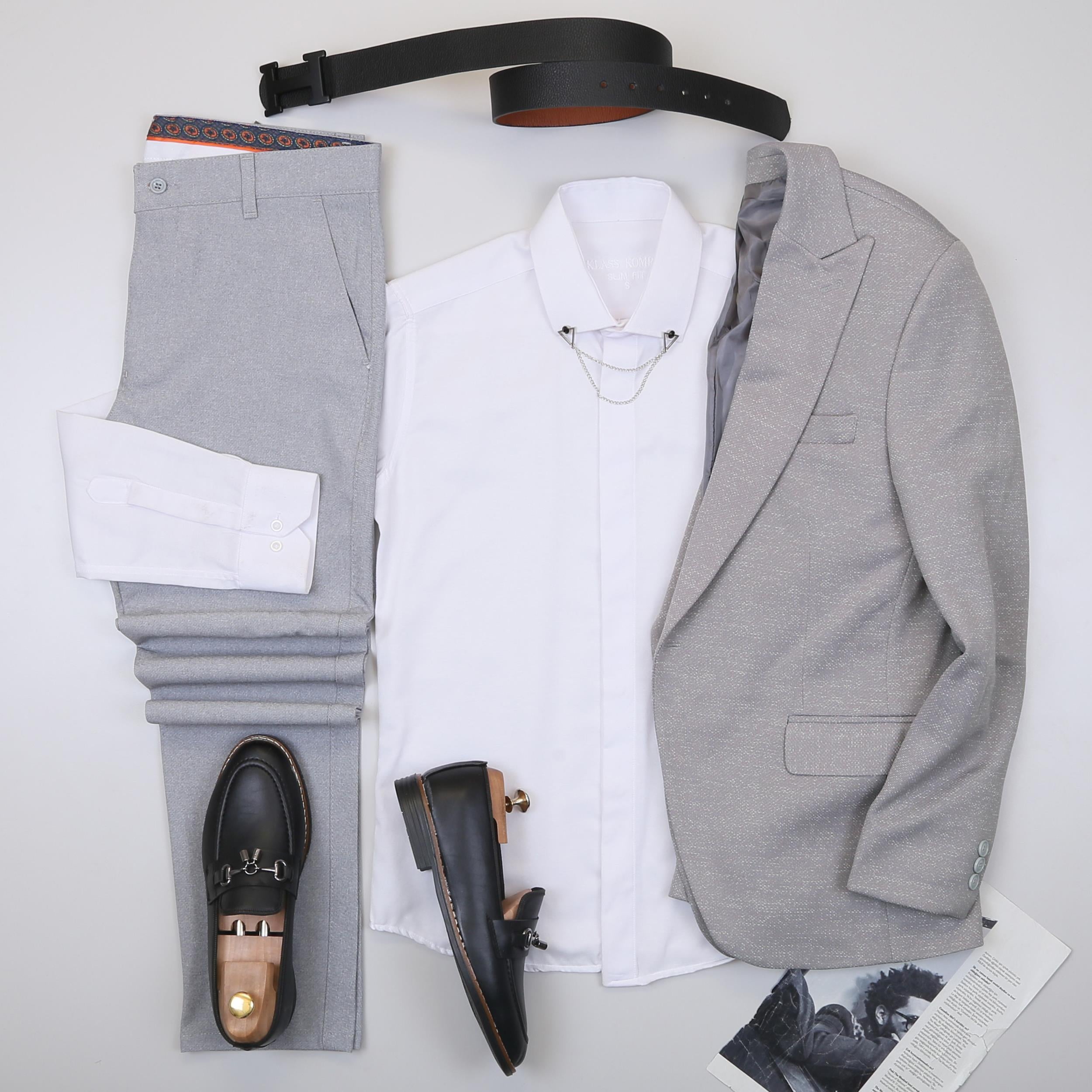 Gri Kırçıllı  Blazer Ceket Gömlek Pantolon Ayakkabı Kombin