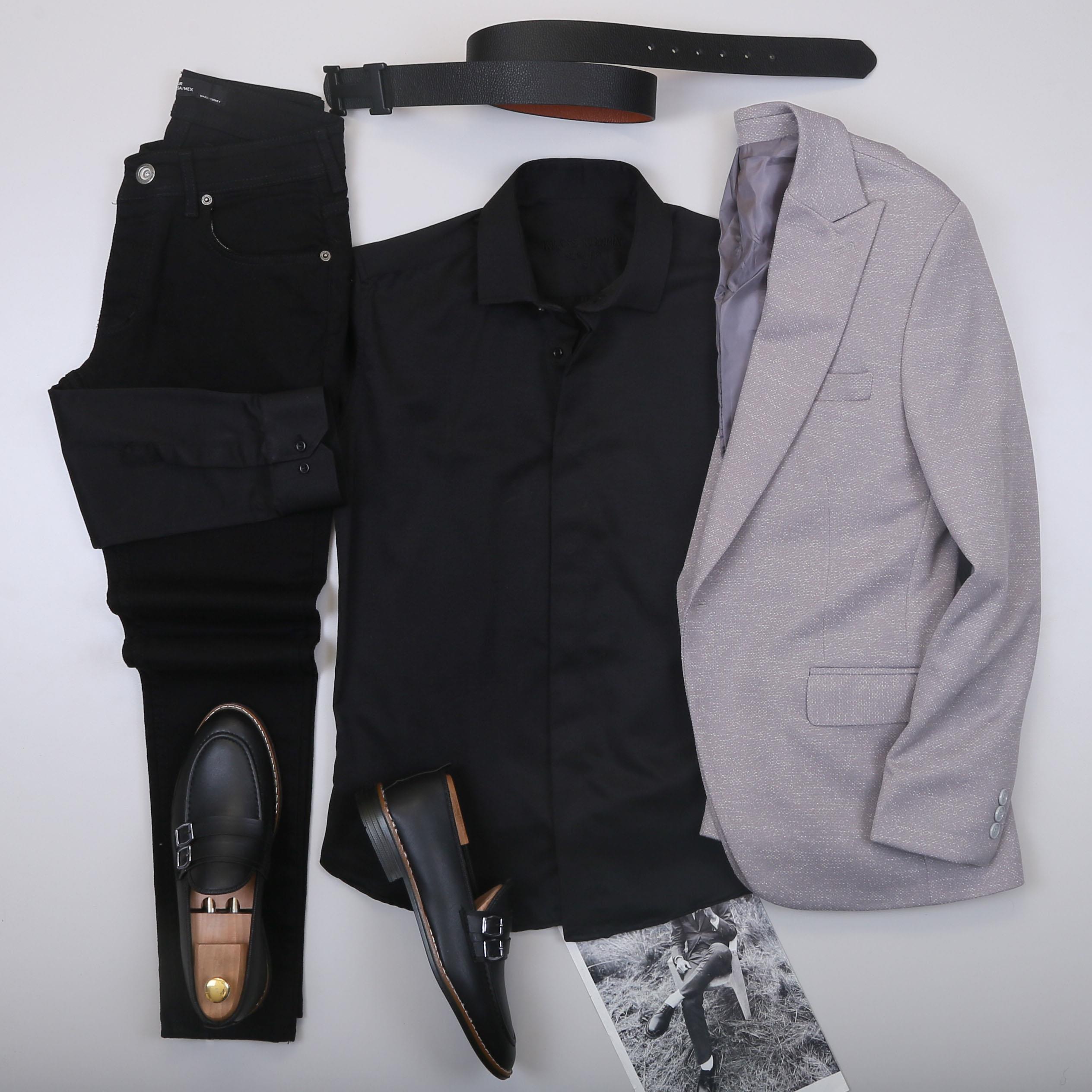 Gri Kırçıllı  Blazer Ceket Gömlek Pantolon Ayakkabı Kombin