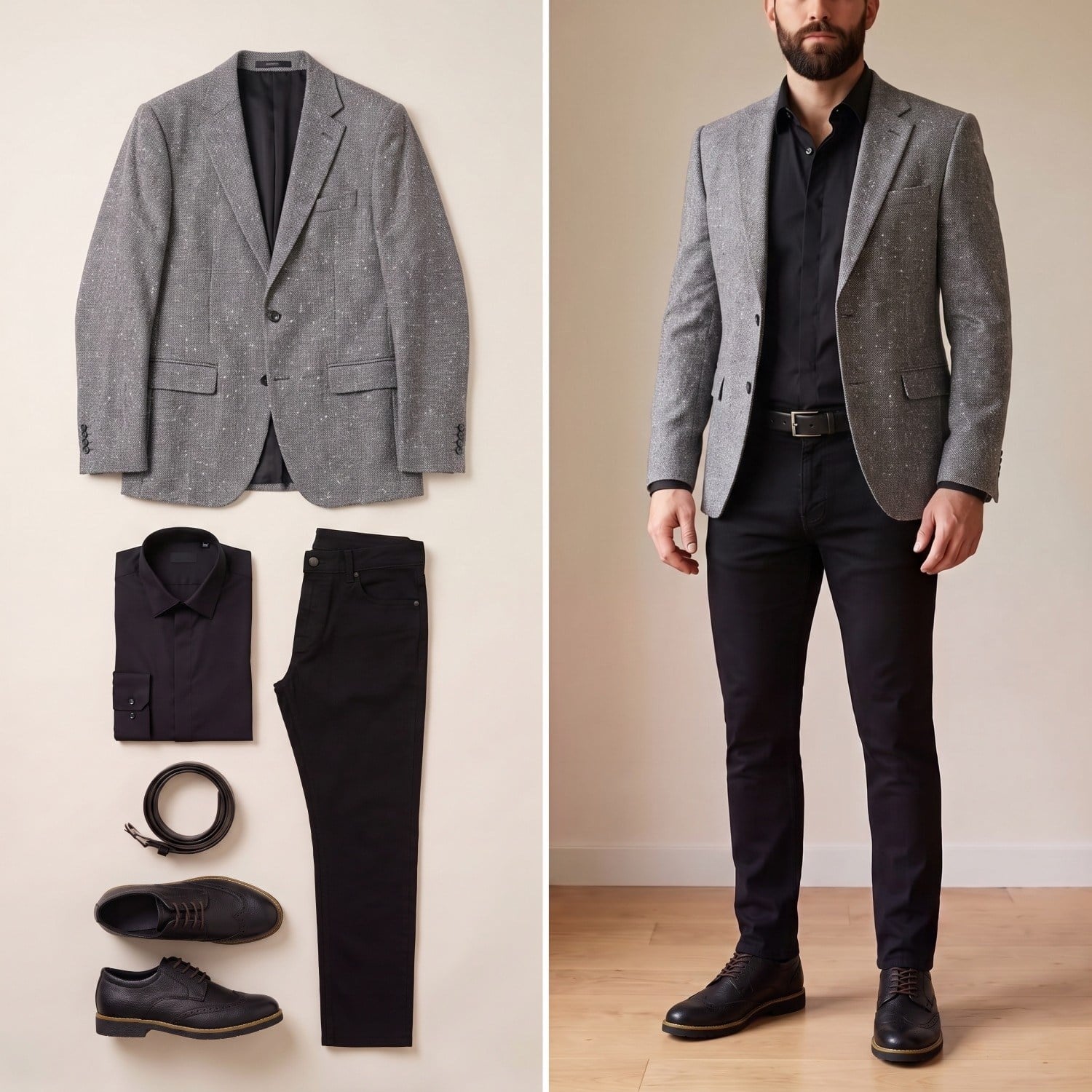 Gri Kırçıllı  Blazer Ceket Gömlek Pantolon Ayakkabı Kombin