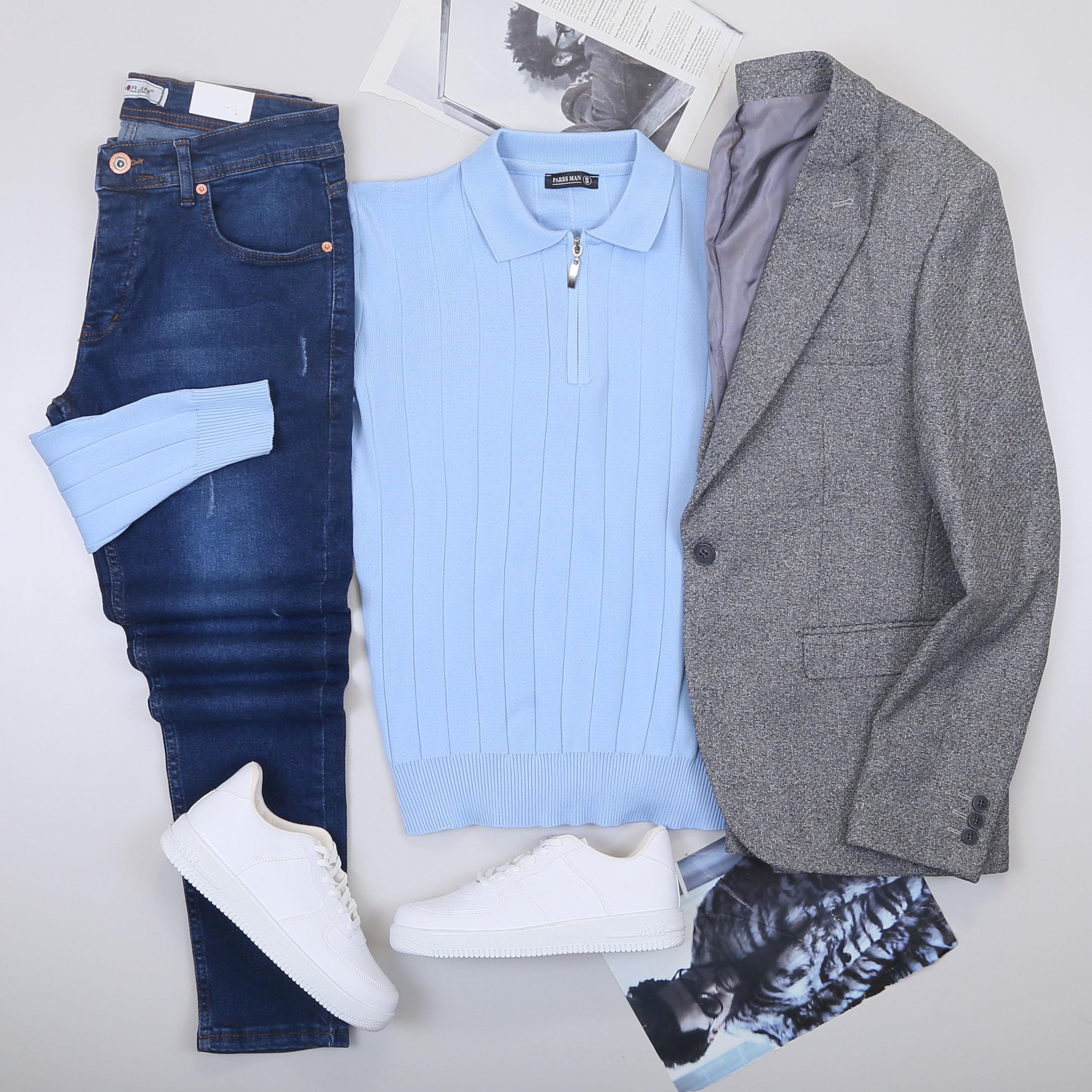 Gri Kırçıllı Blazer Ceket Triko Kazak Pantolon Ayakkabı Kombin