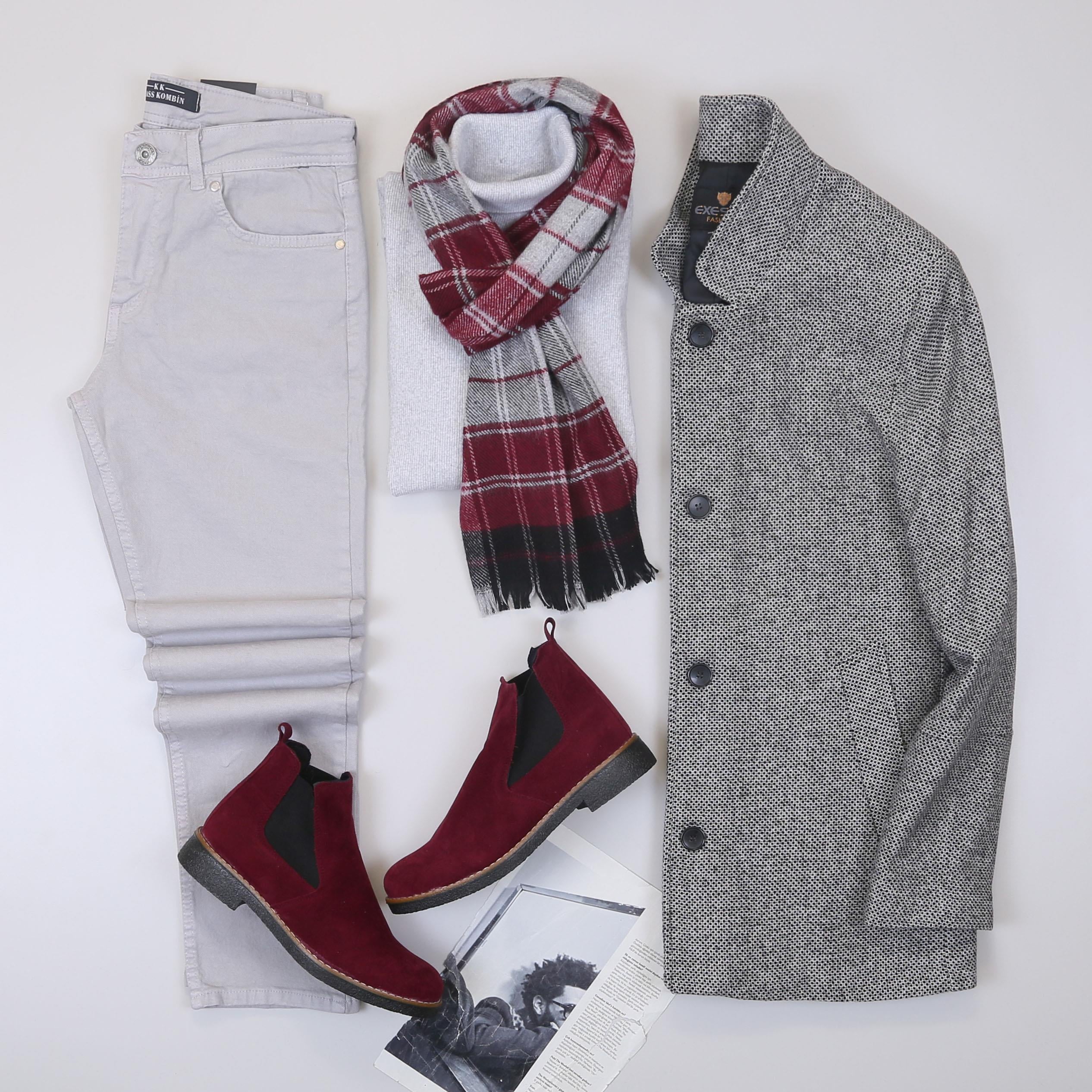 Gri Kırçıllı Kaban Boğazlı Body Pantolon Bot Kombin