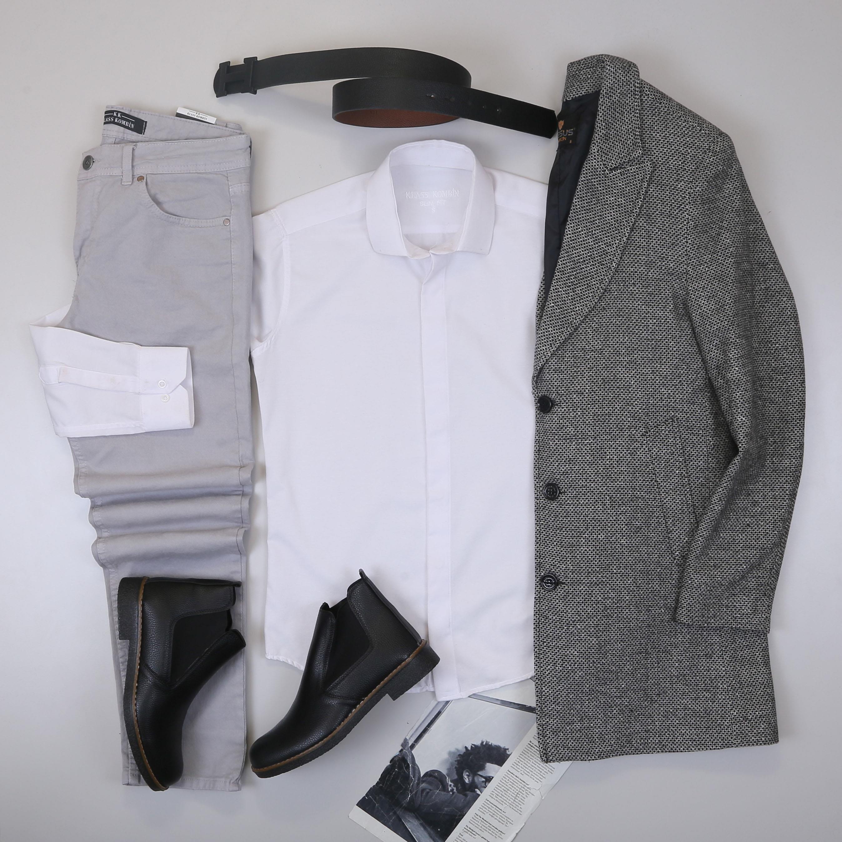 Gri Kırçıllı Kaban Gömlek Pantolon Ayakkabı Kombin