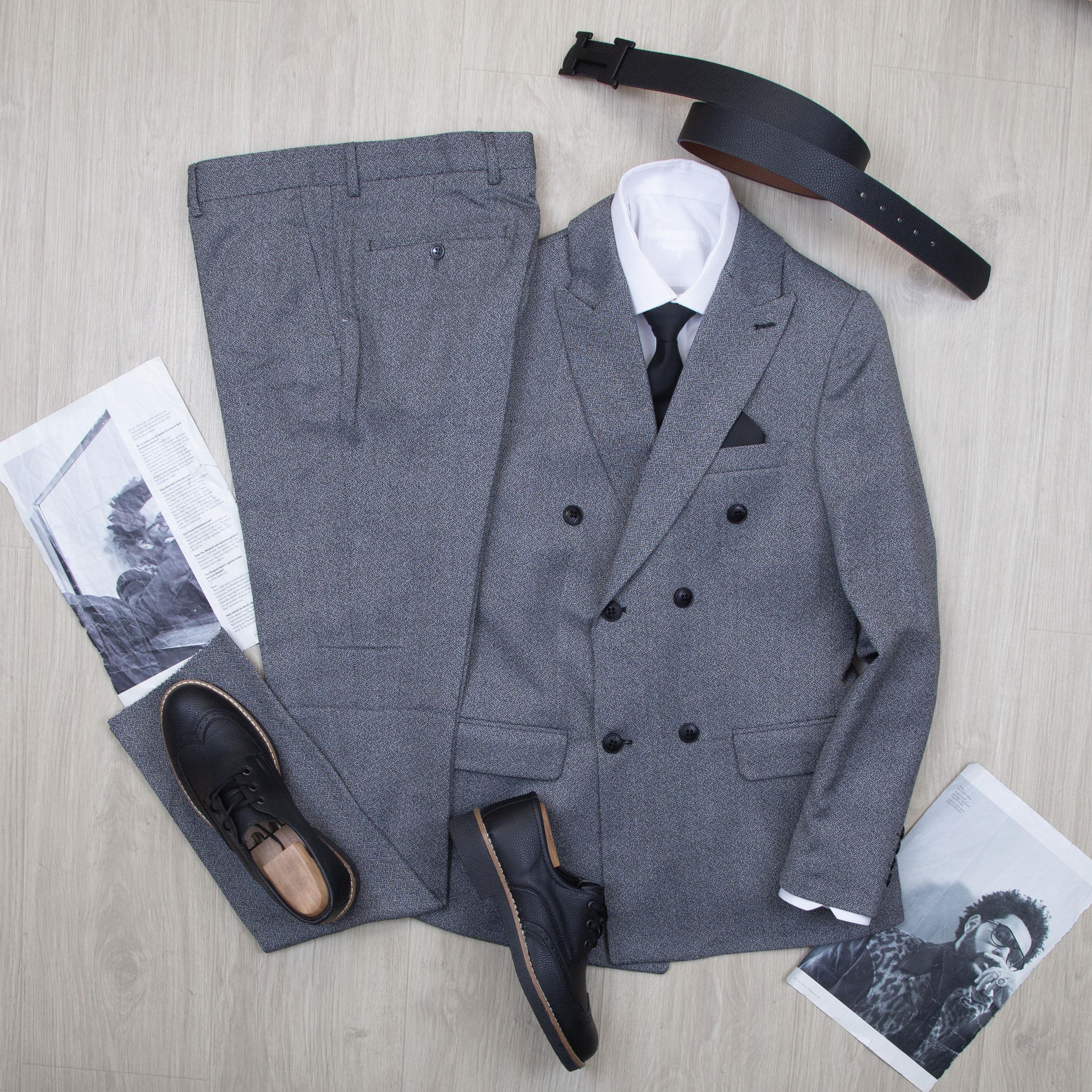 Gri Kırçıllı Kruvaze Takım Elbise Kombini