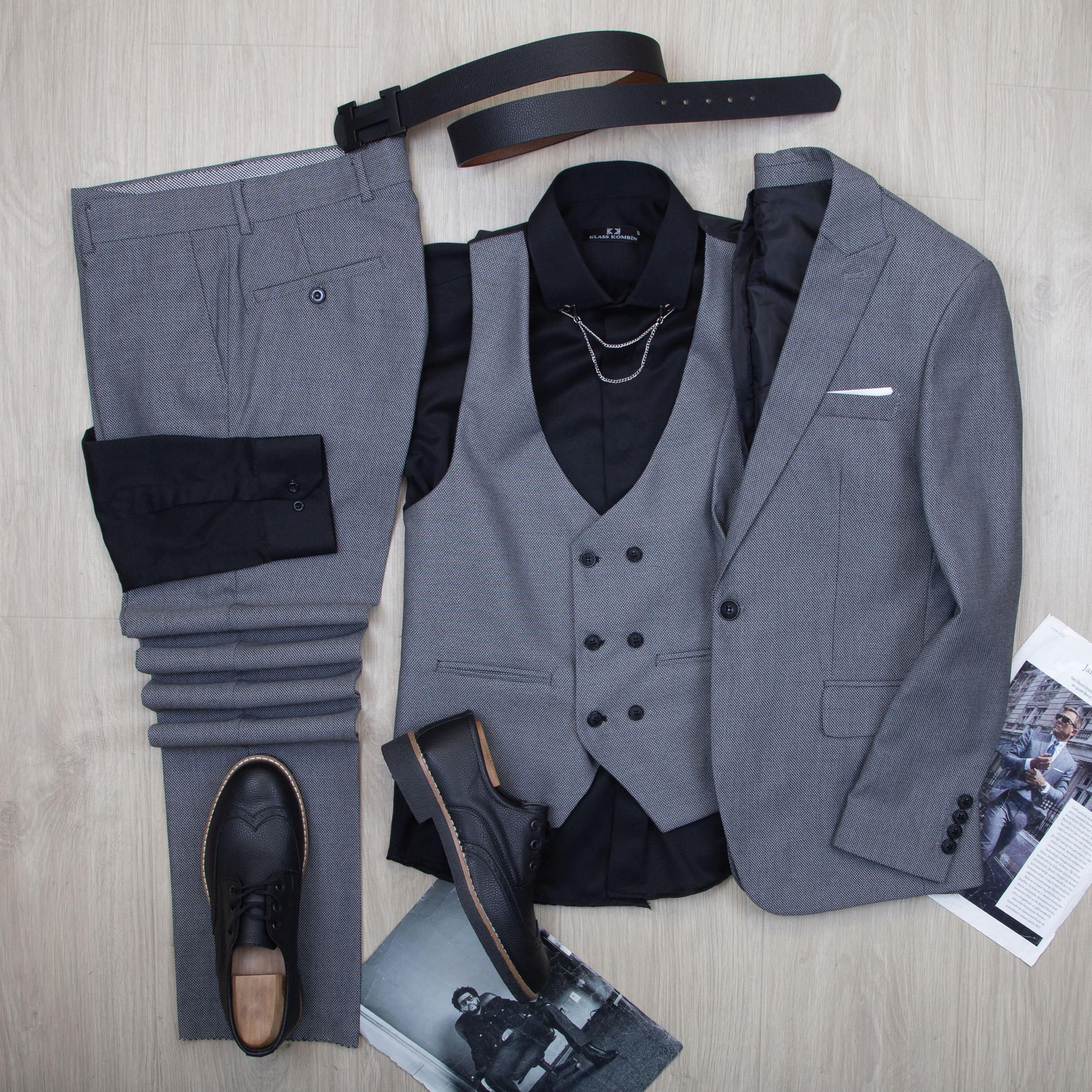 Gri Kırçıllı Takım Elbise Kombini