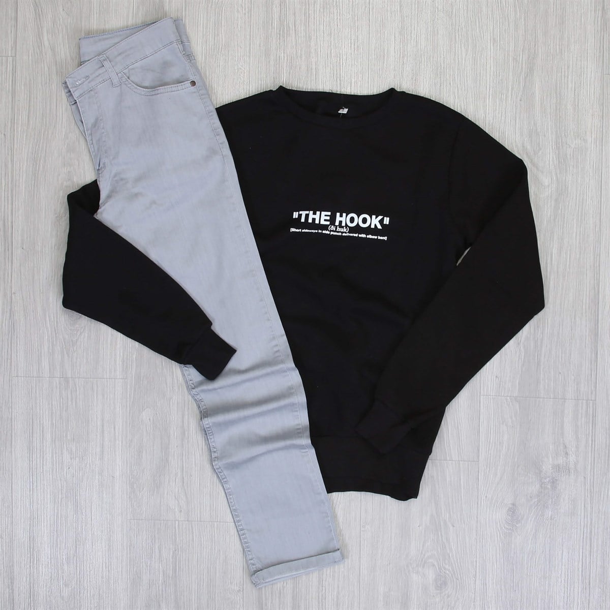 Gri Kot Siyah Hook Baskılı Sweat Kombin