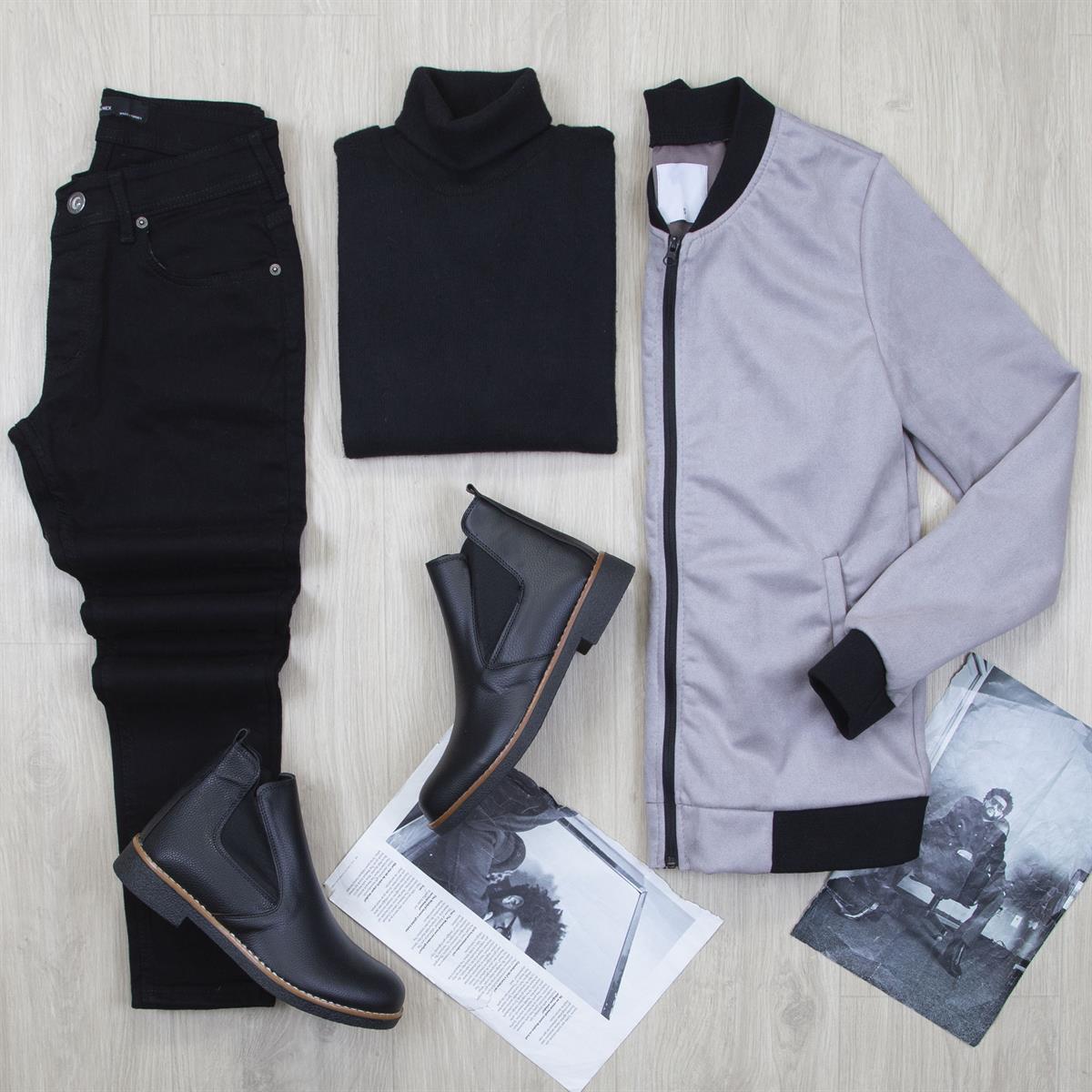 Gri Nubuk Ceket Boğazlı Body Pantolon Bot Kombin