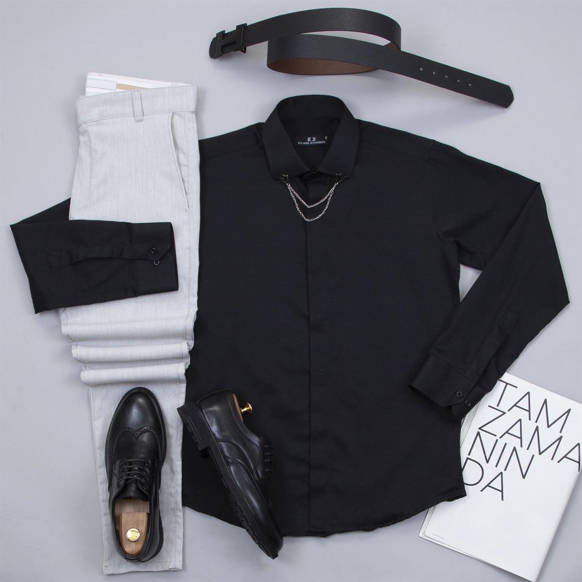 Gri Pantolon Siyah Gömlek Ayakkabı Kombin