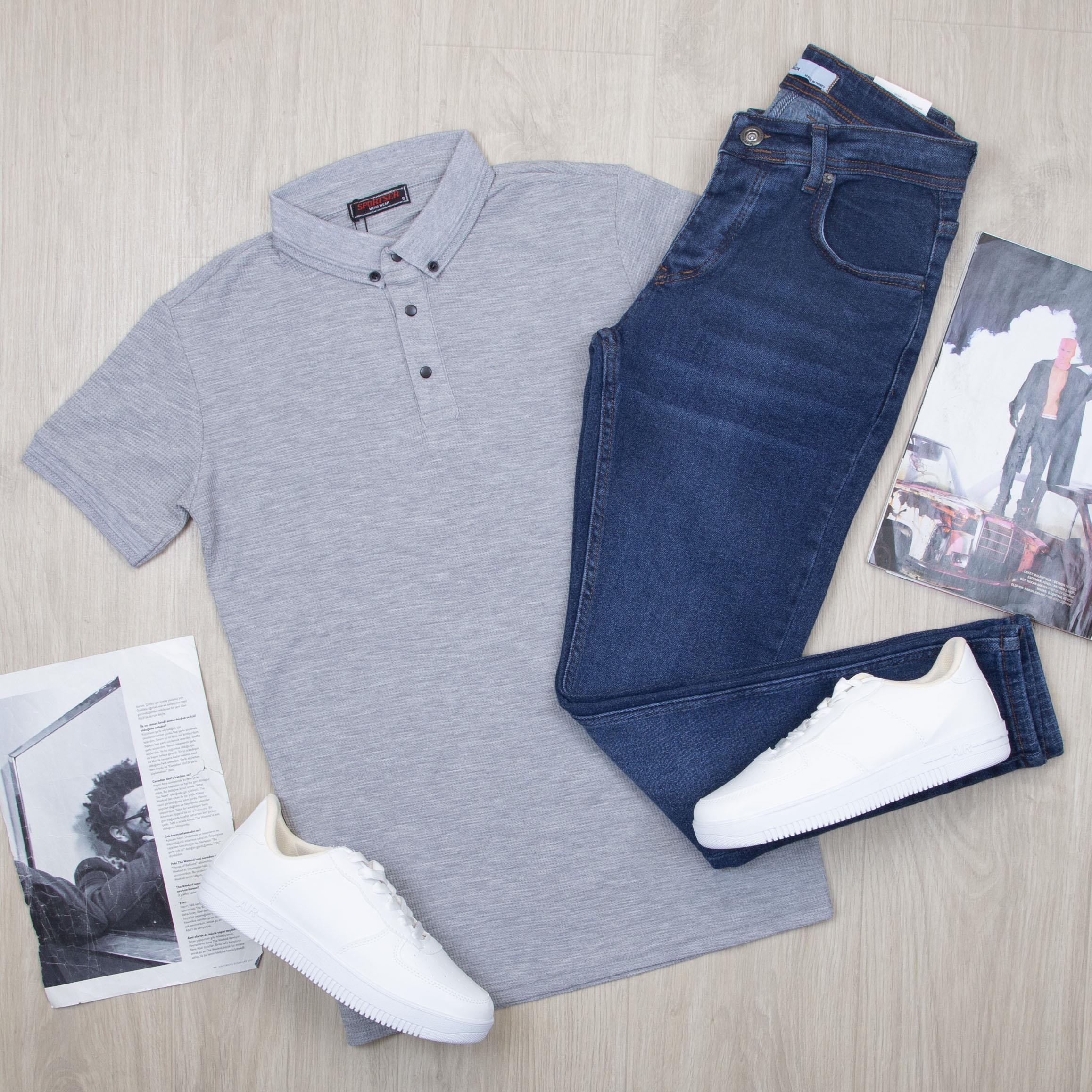 Gri Polo Yaka Tişört Pantolon Ayakkabı Kombin