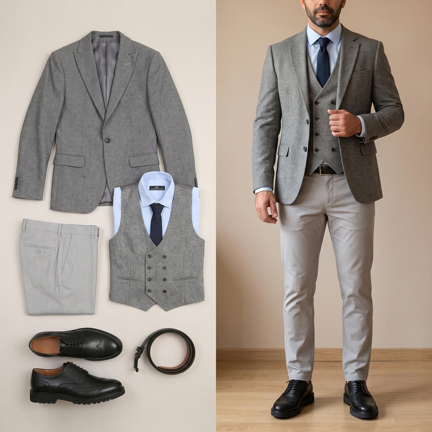 Gri Takım Elbise Kombini Erkek | Slim Fit Şık Komple Set (Kravatlı)