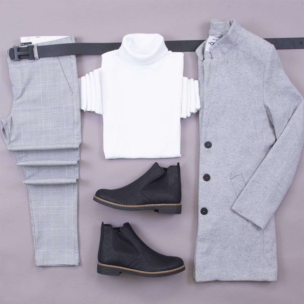 Gri Uzun Kaşe Kaban Kazak Pantolon Bot Kombin