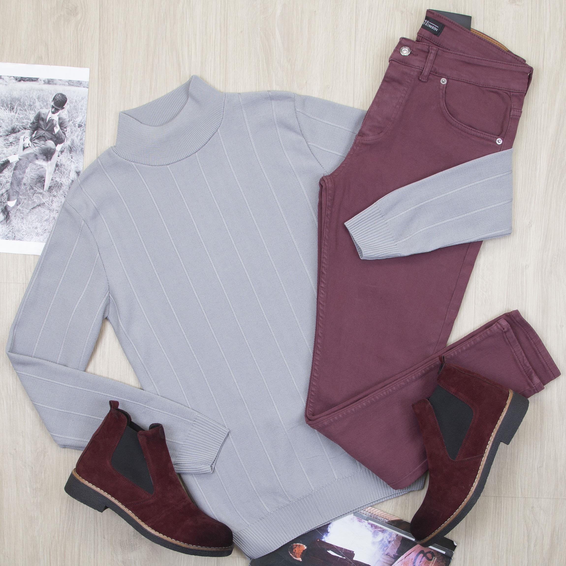 Gri Yarım Balıkçı Triko Kazak Pantolon Bot Kombin