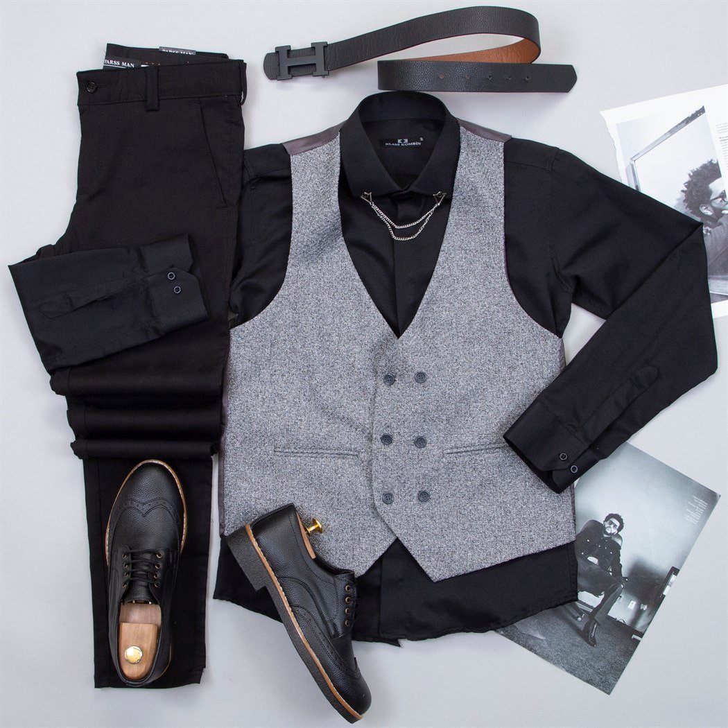 Gri Yelek Gömlek Pantolon Ayakkabı Kombin