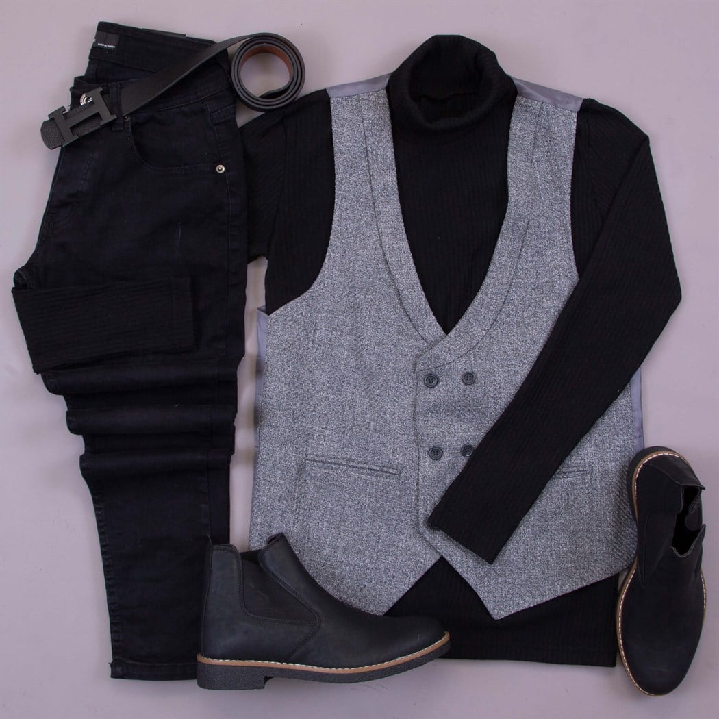 Gri Yelek Kazak Pantolon Bot Kombin