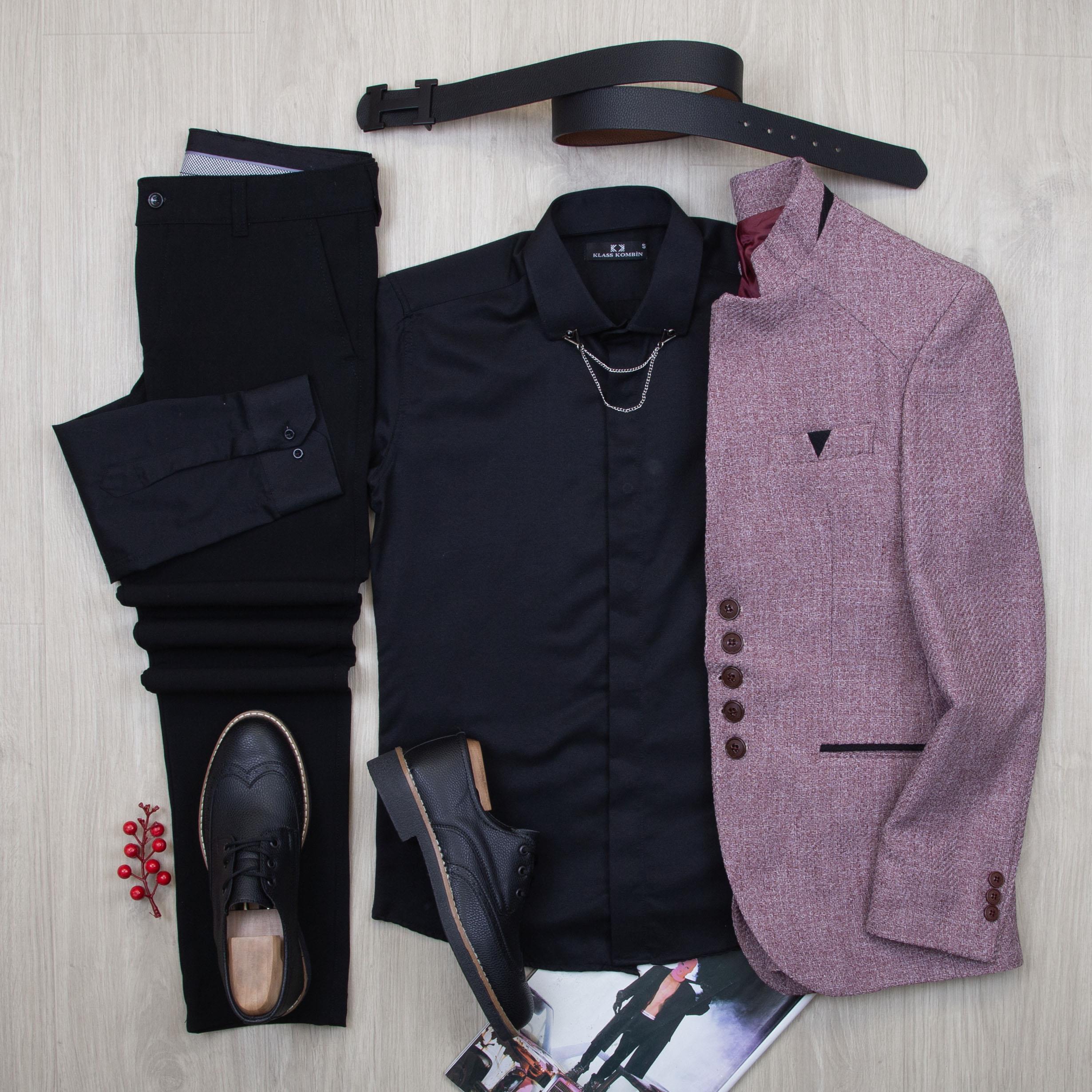 Gül Kurusu Dik Yaka Blazer Ceket Gömlek Pantolon Ayakkabı Kombin