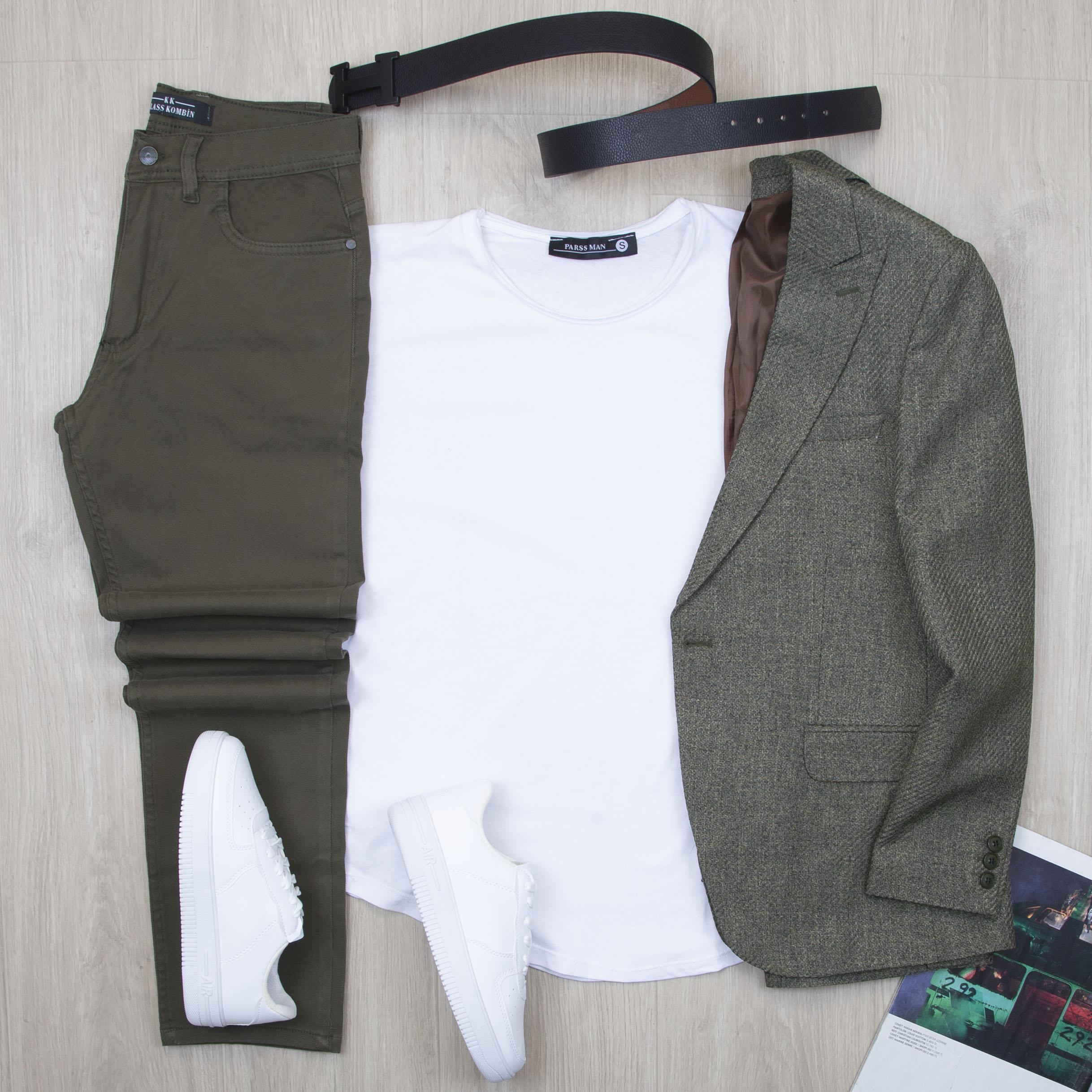 Haki Blazer Ceket Tişört Pantolon Ayakkabı Kombin