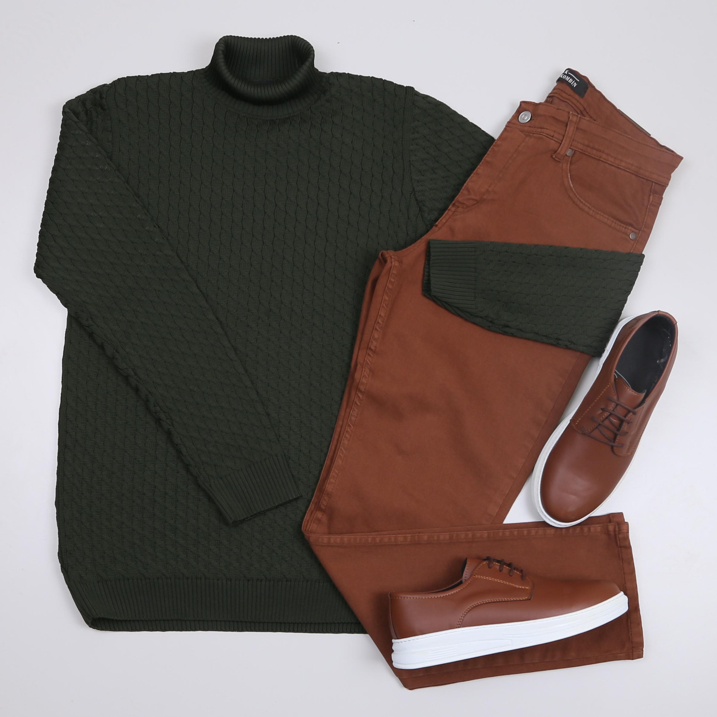 Haki Boğazlı triko kahve kot Pantolon