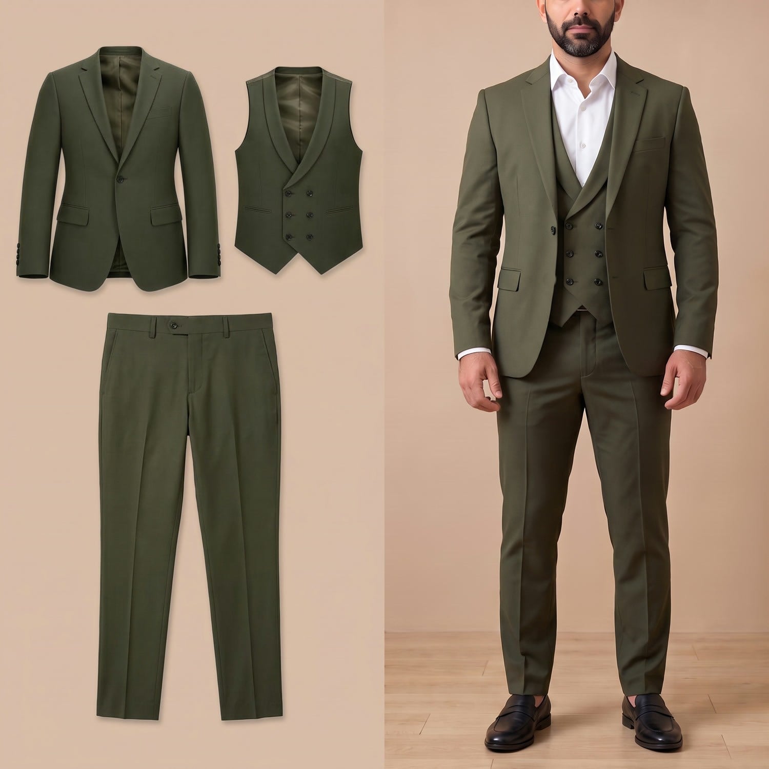 Haki Ceket Yelek Pantolon Takım Erkek | Slim Fit Şık 3'lü Kombin Set