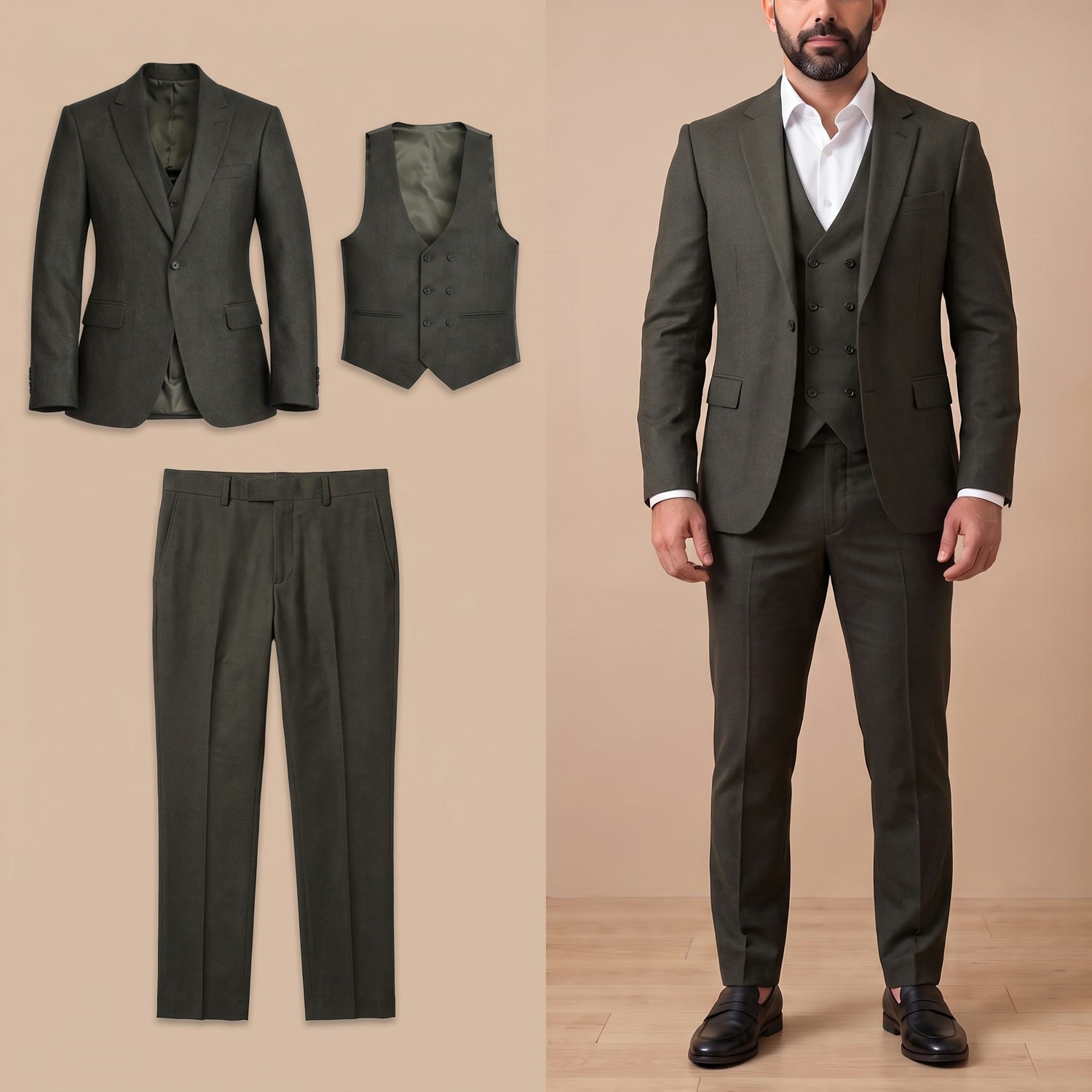 Haki Ceket Yelek Pantolon Takım Erkek | Slim Fit Şık 3'lü Kombin Set