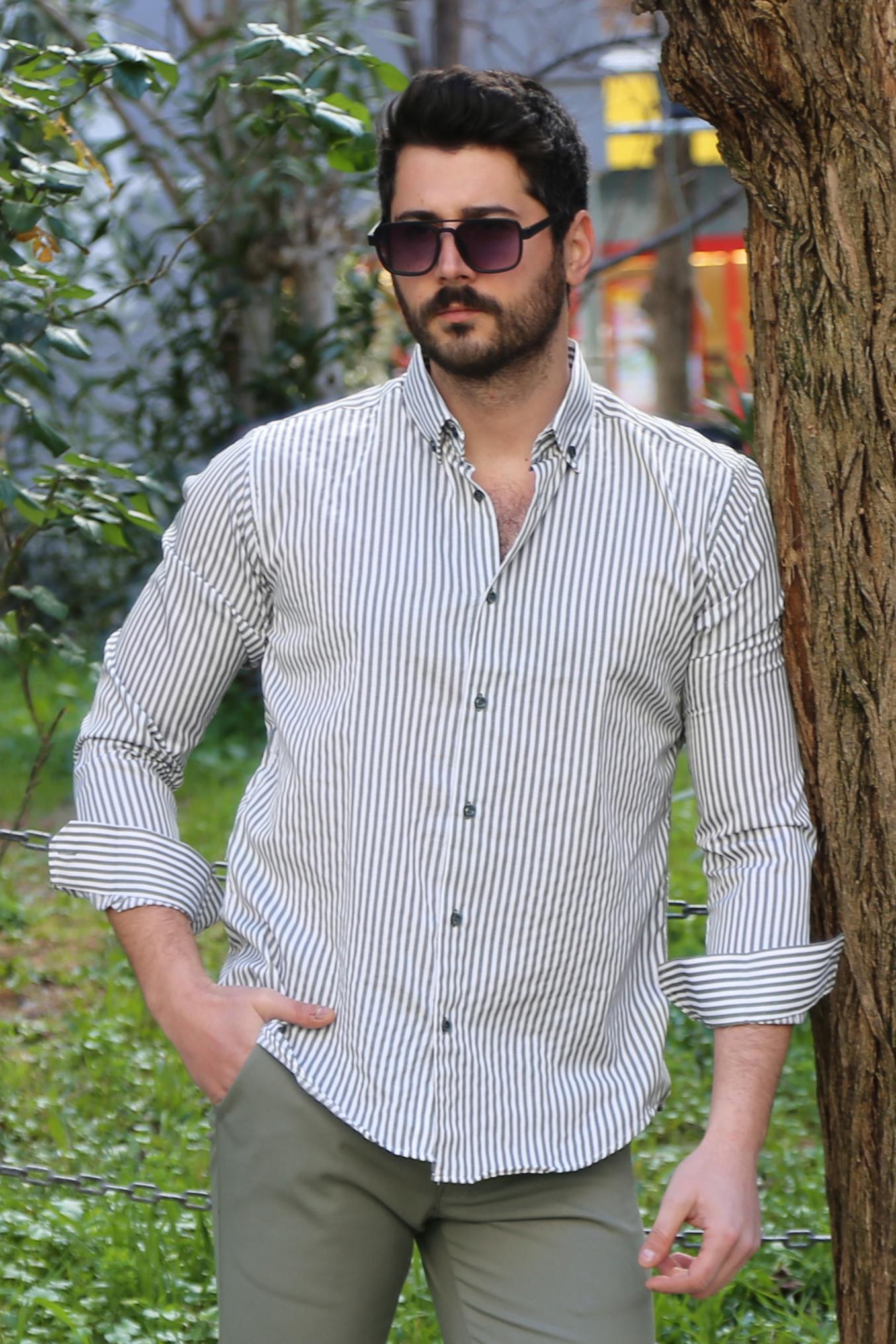 Haki Çizgili Gömlek