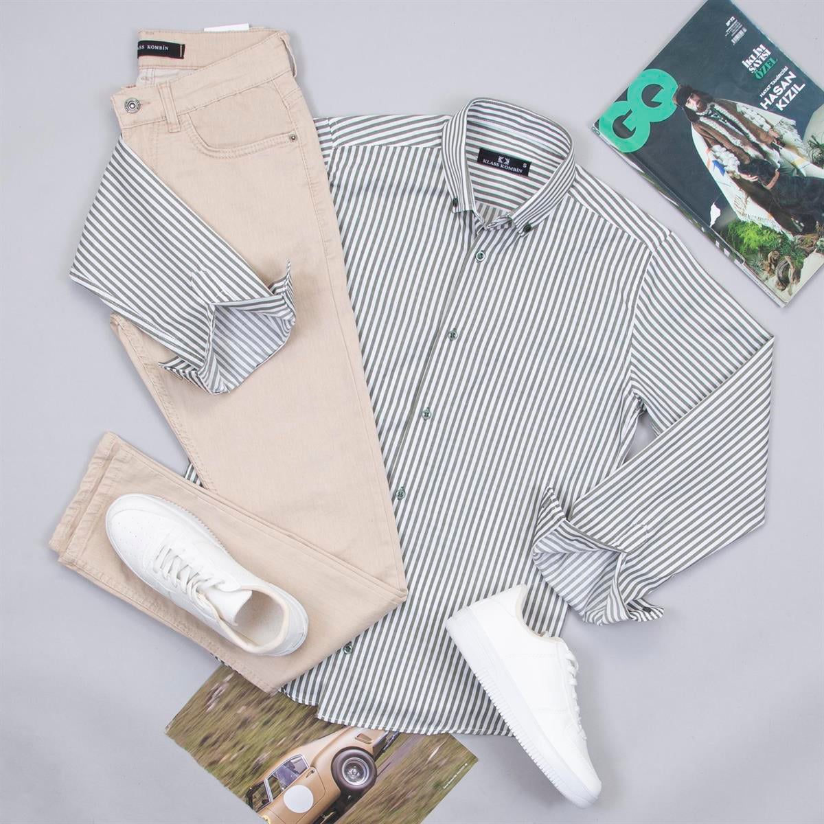 Haki Çizgili Gömlek Pantolon Ayakkabı Kombin