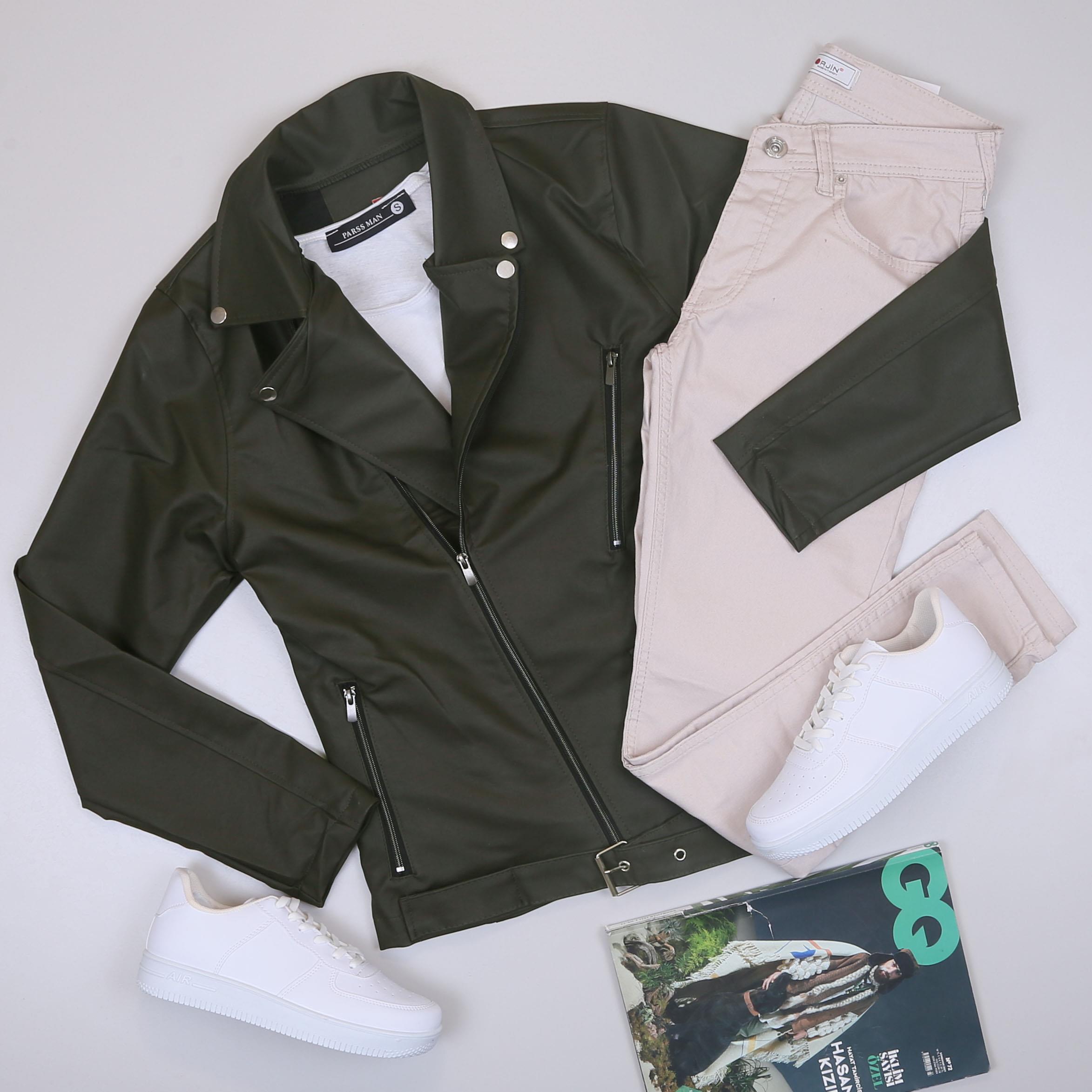 Haki Deri Ceket Tişört Pantolon Ayakkabı Kombin
