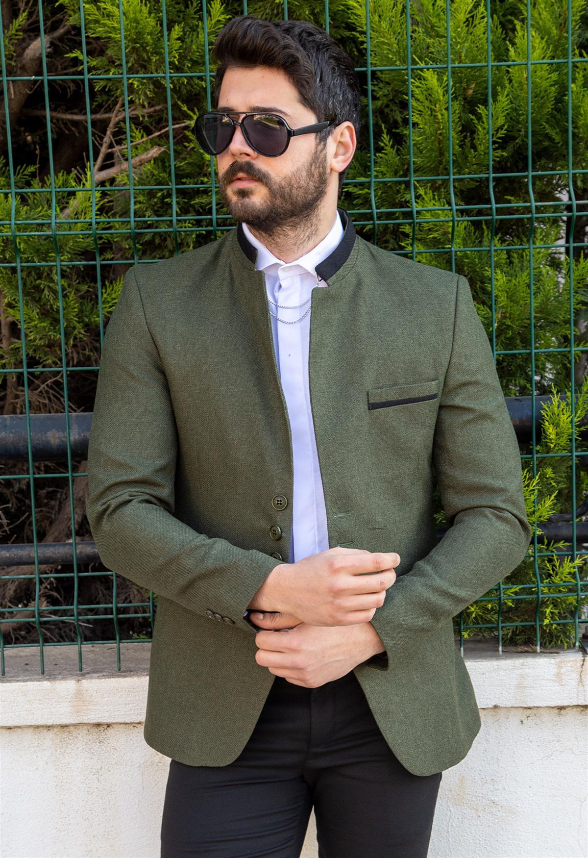 Haki Dik Yaka Blazer Ceket