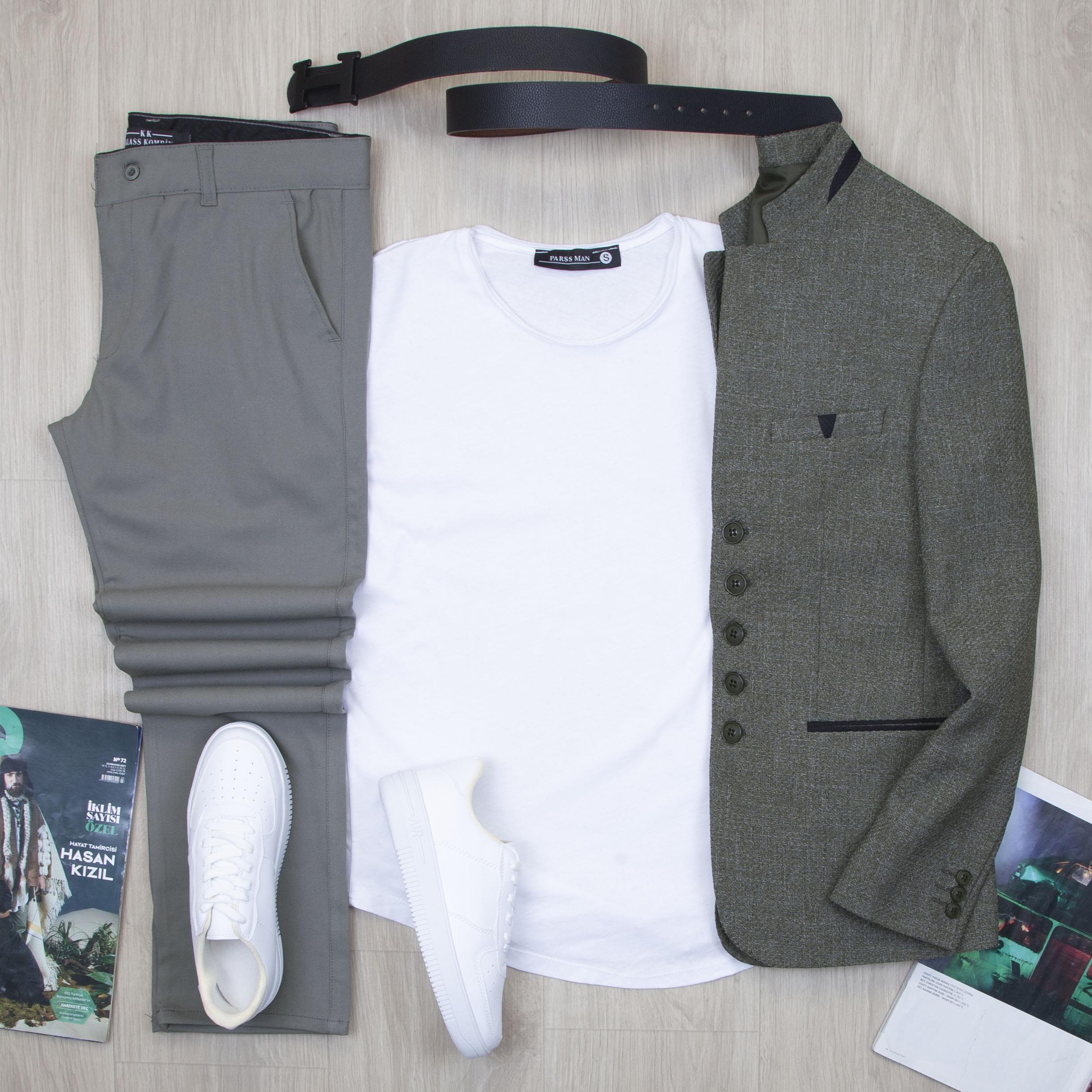 Haki Dik Yaka Blazer Ceket Tişört Pantolon Ayakkabı Kombin