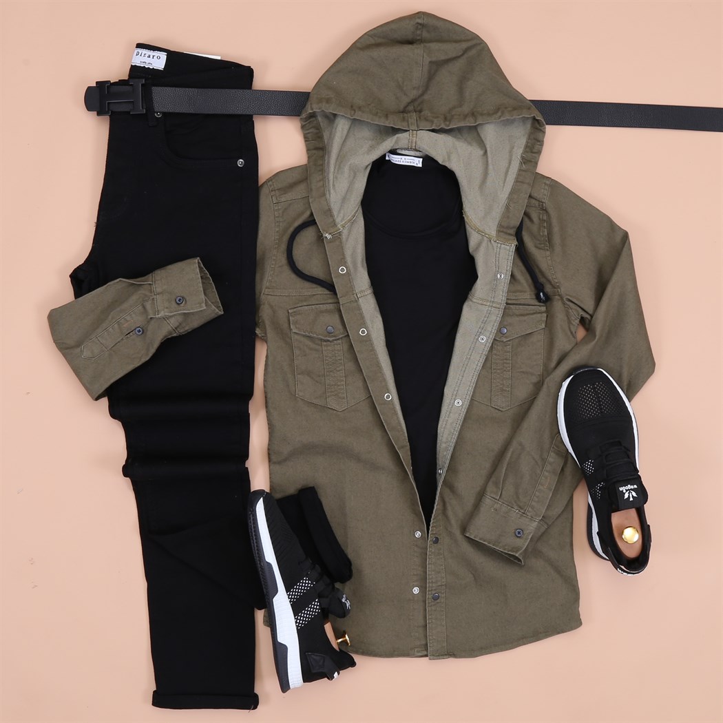 Haki Kapsonlu Kot Gömlek Pantolon Ayakkabı Kombini