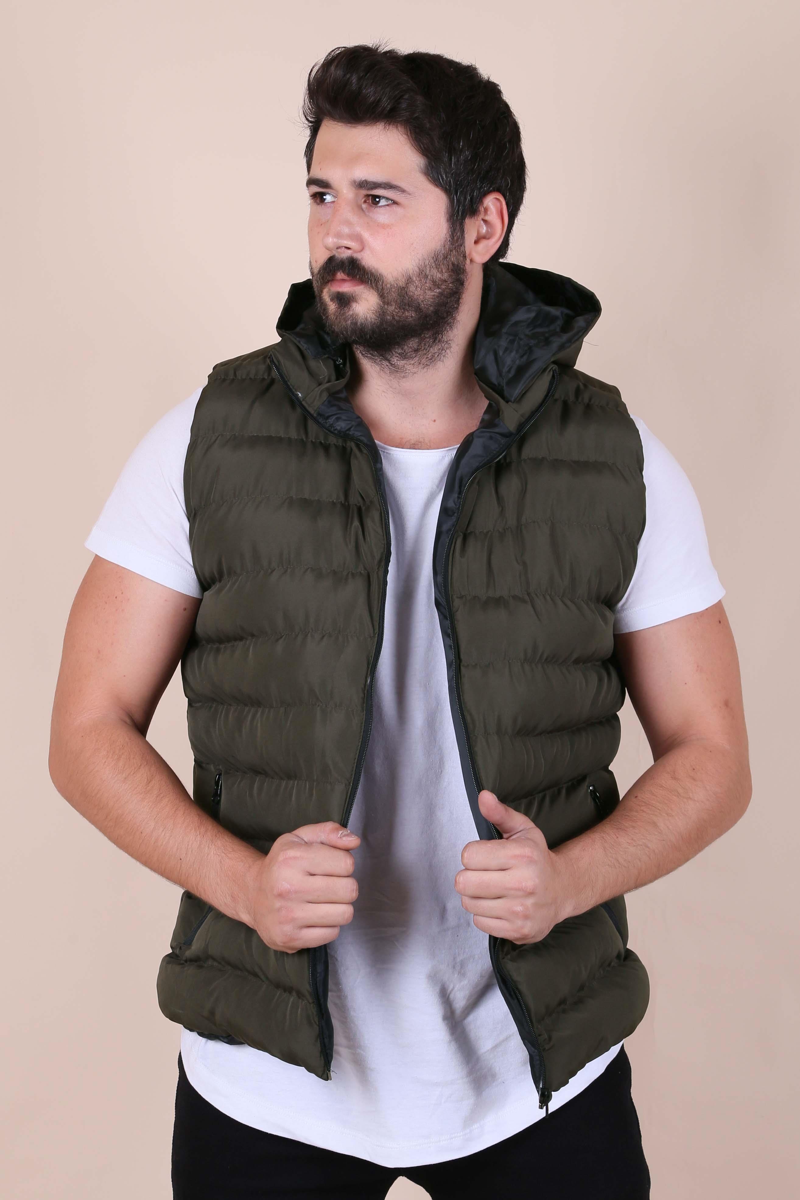 ERKEK KAPŞONLU ŞİŞME YELEK SETE HAKİ YEŞİL YELEK HAKİ YEŞİL