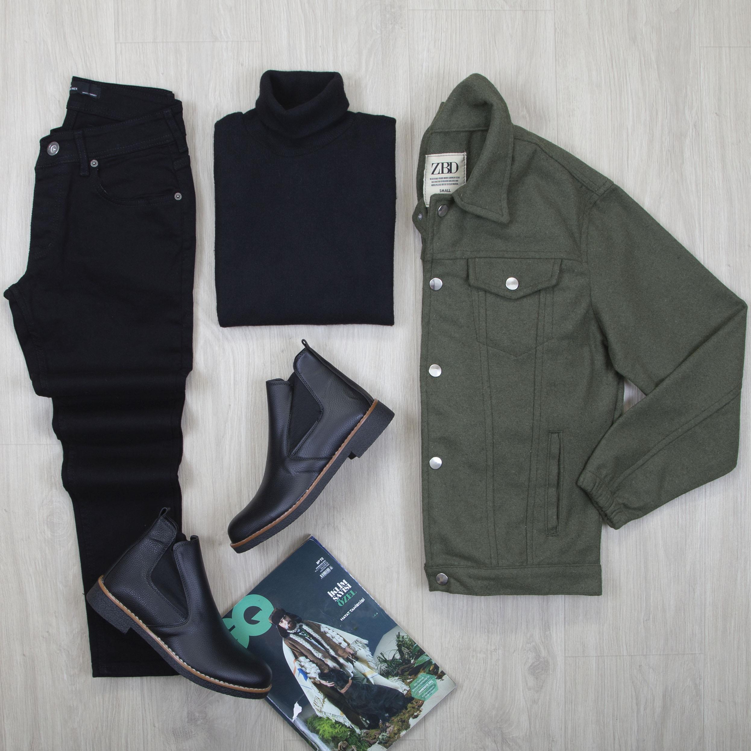 Haki Kaşe Ceket Boğazlı Body Pantolon Bot Kombin