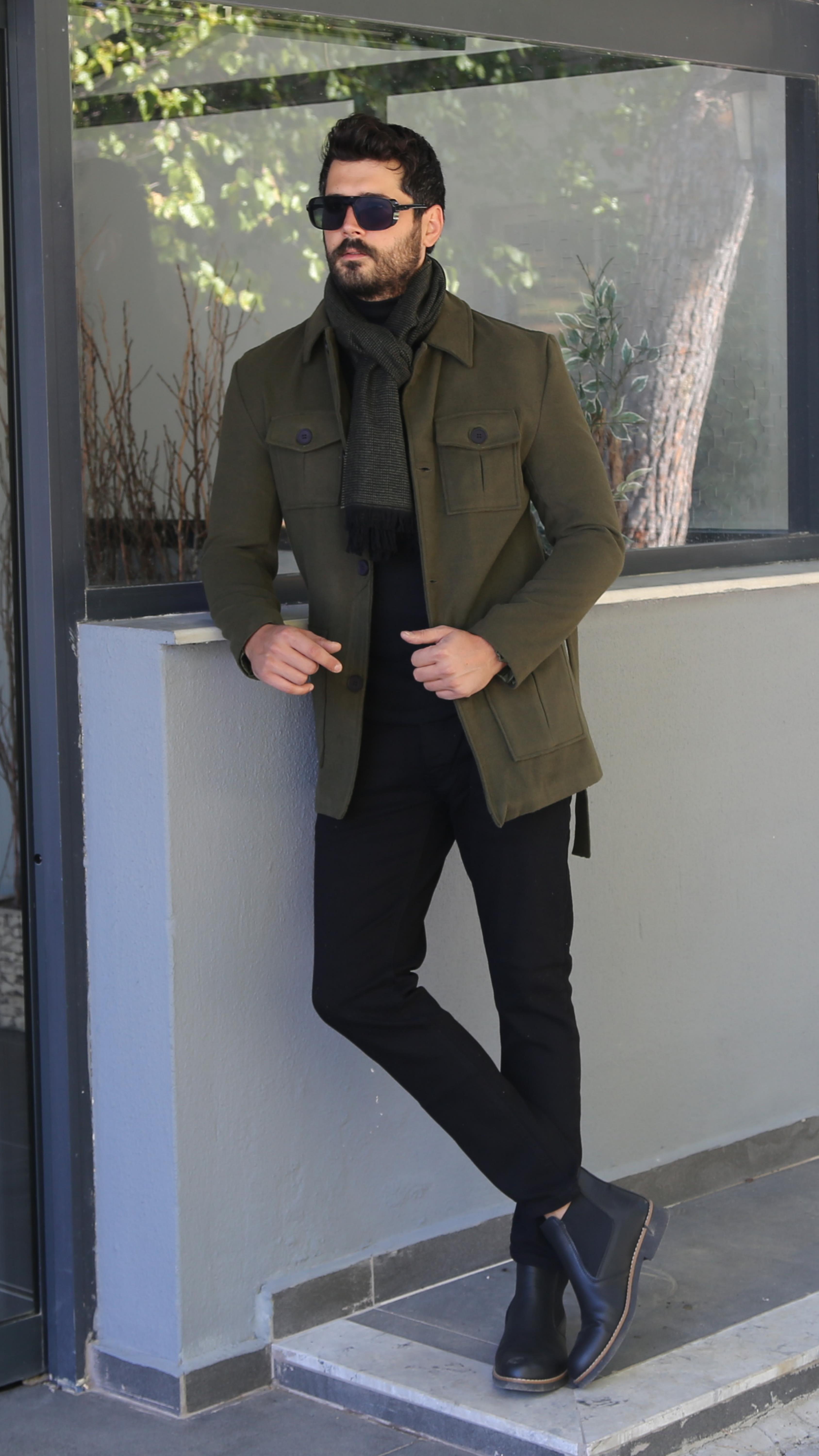 Haki Kemerli Kaşe Kaban Kombini