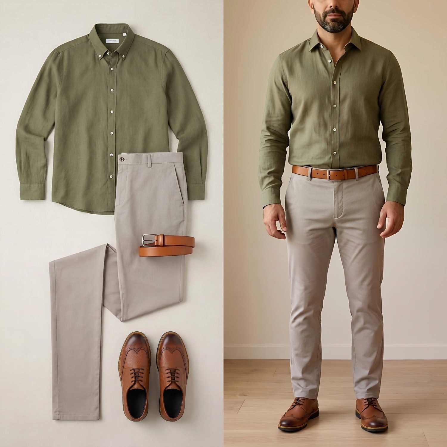 Haki Keten Gömlek Pantolon Ayakkabı Kombin