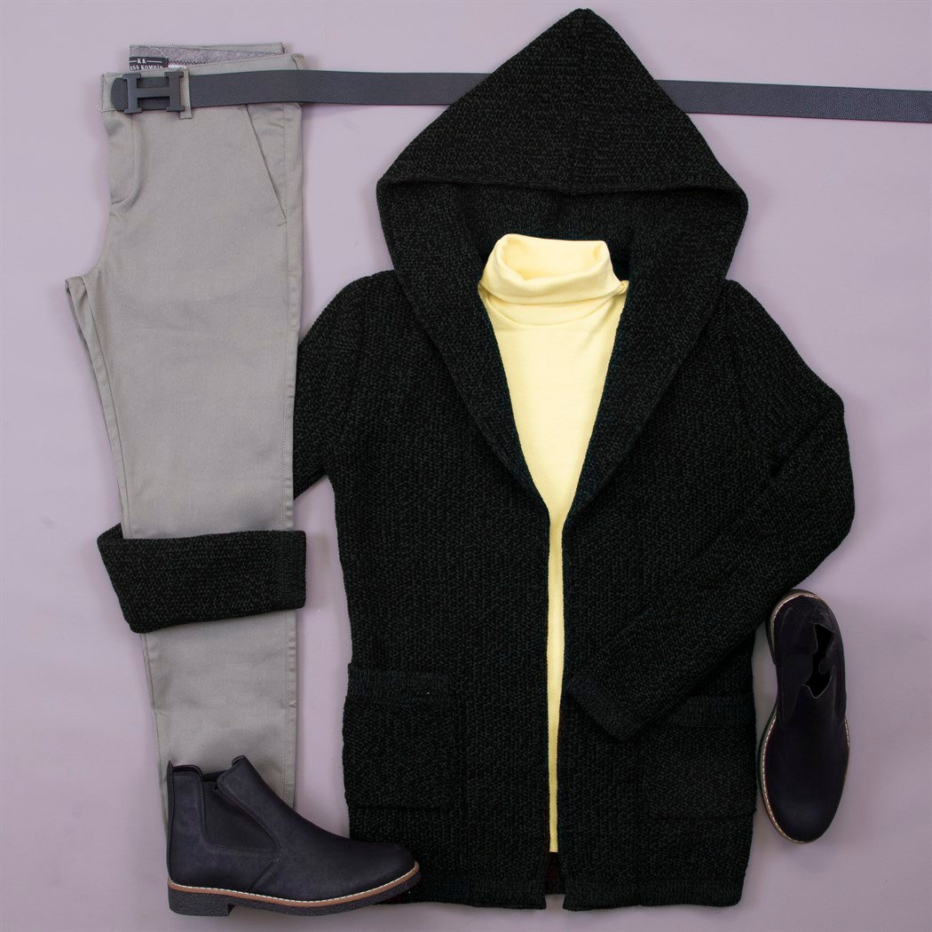 Haki Kırçıllı Hırka Kazak Pantolon Bot Kombin