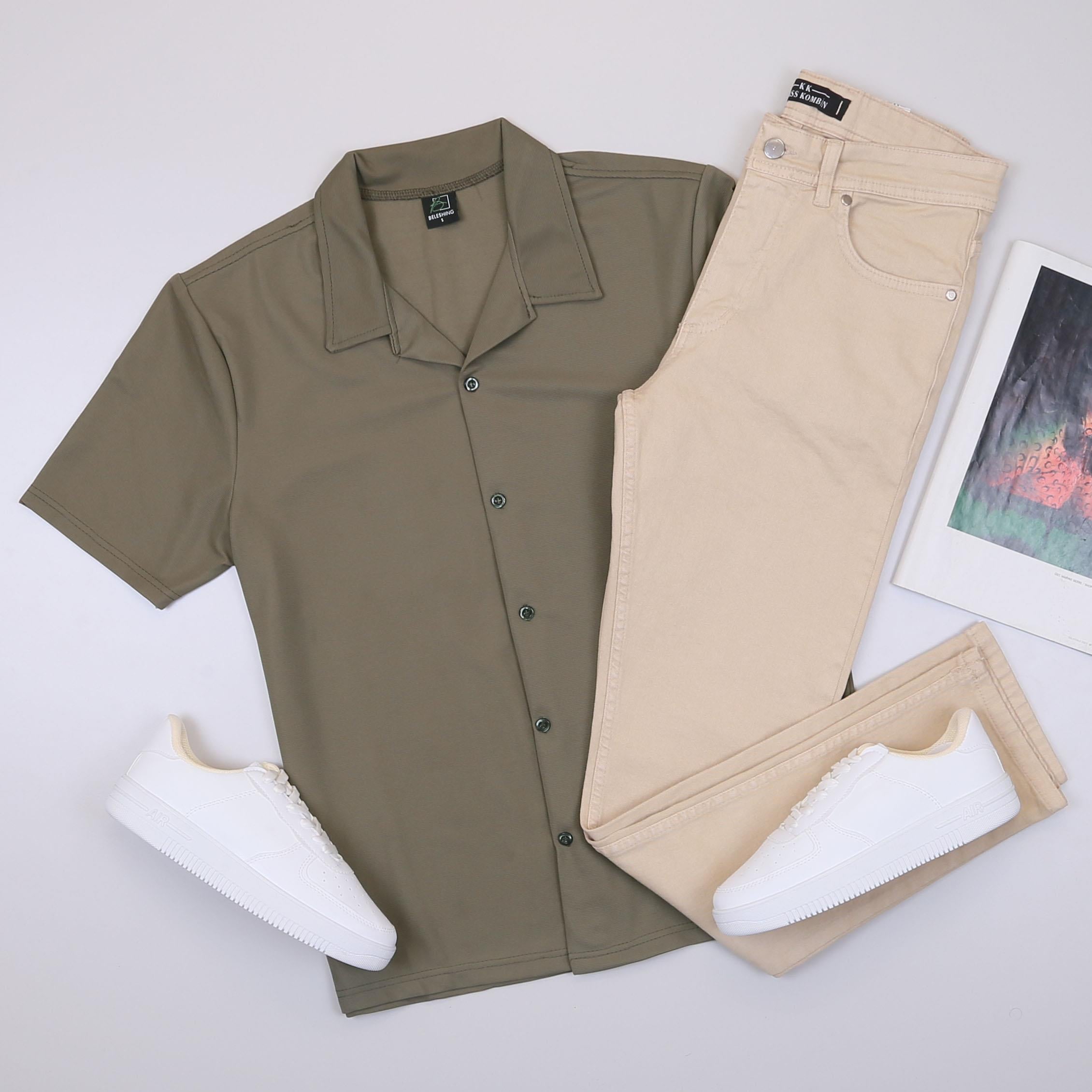 Haki Kısa Kollu  Gömlek Pantolon Ayakkabı Kombin
