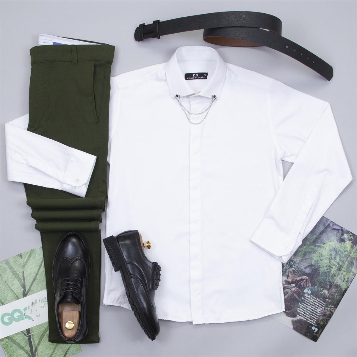 Haki Pantolon Beyaz Gömlek Ayakkabı Kombin