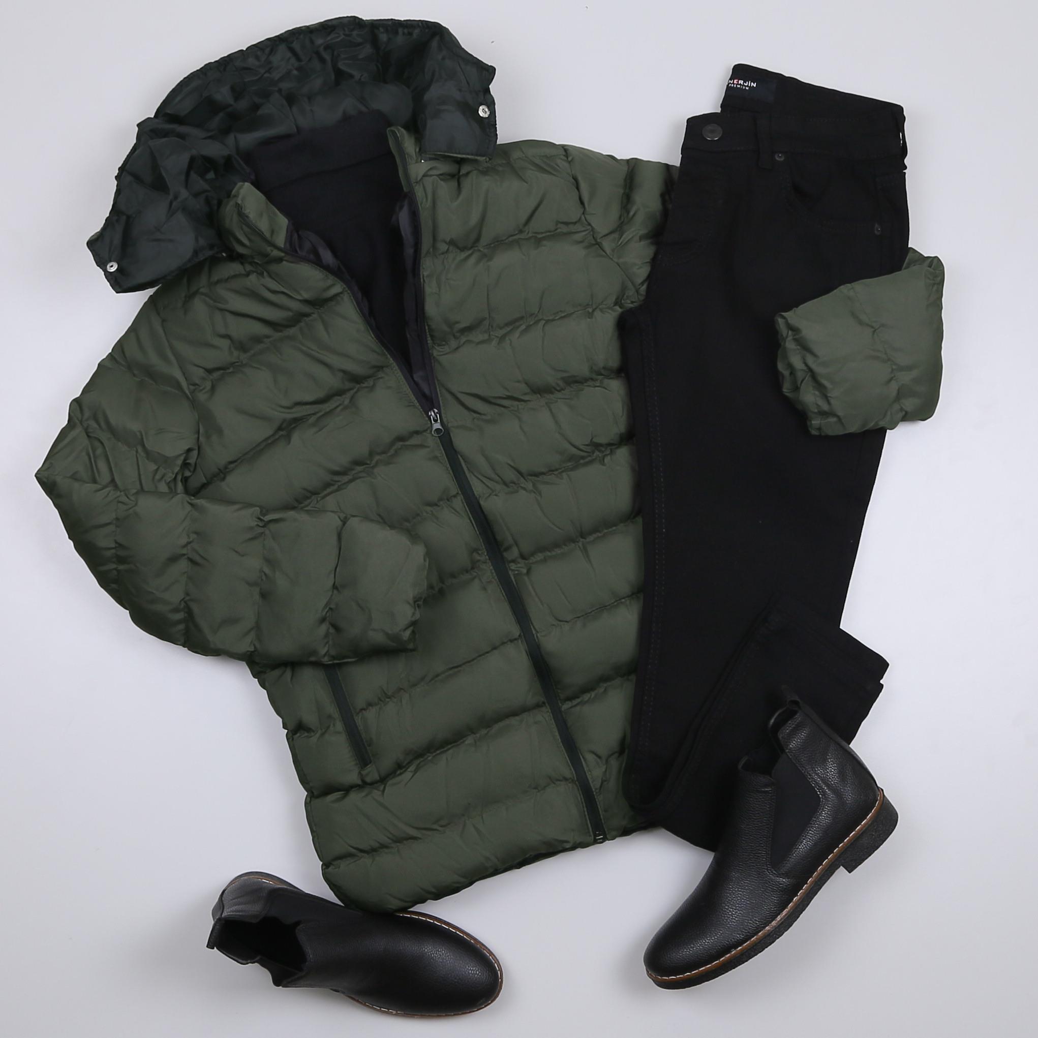 Haki Şişme Mont Pantolon Bot Kombini