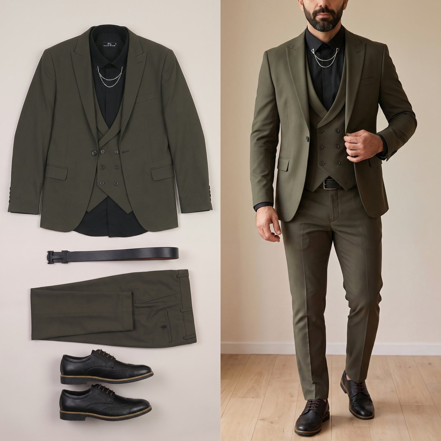 Haki Takım Elbise Kombini Erkek | Slim Fit Şık Komple Set 