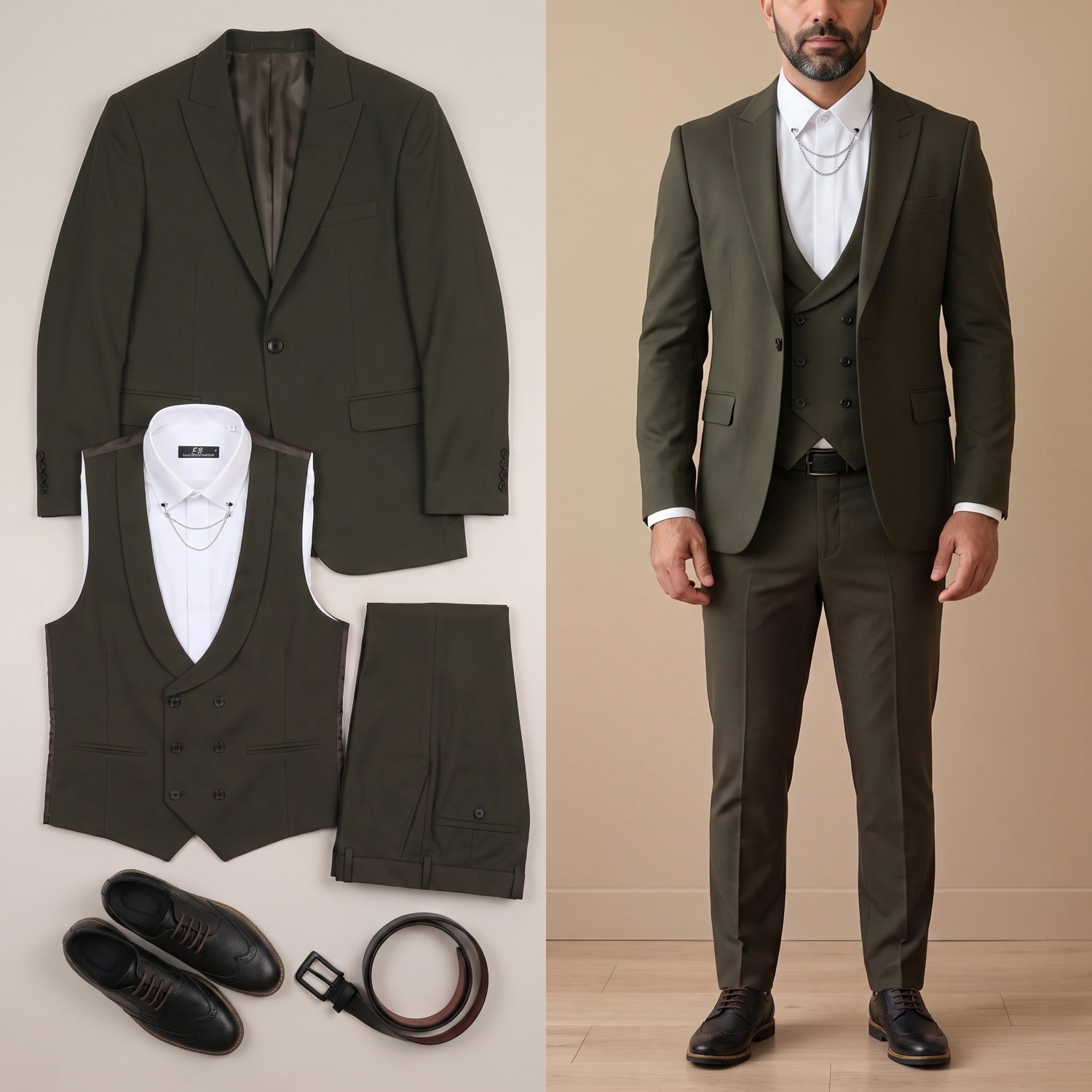 Haki Takım Elbise Kombini Erkek | Slim Fit Şık Komple Set 