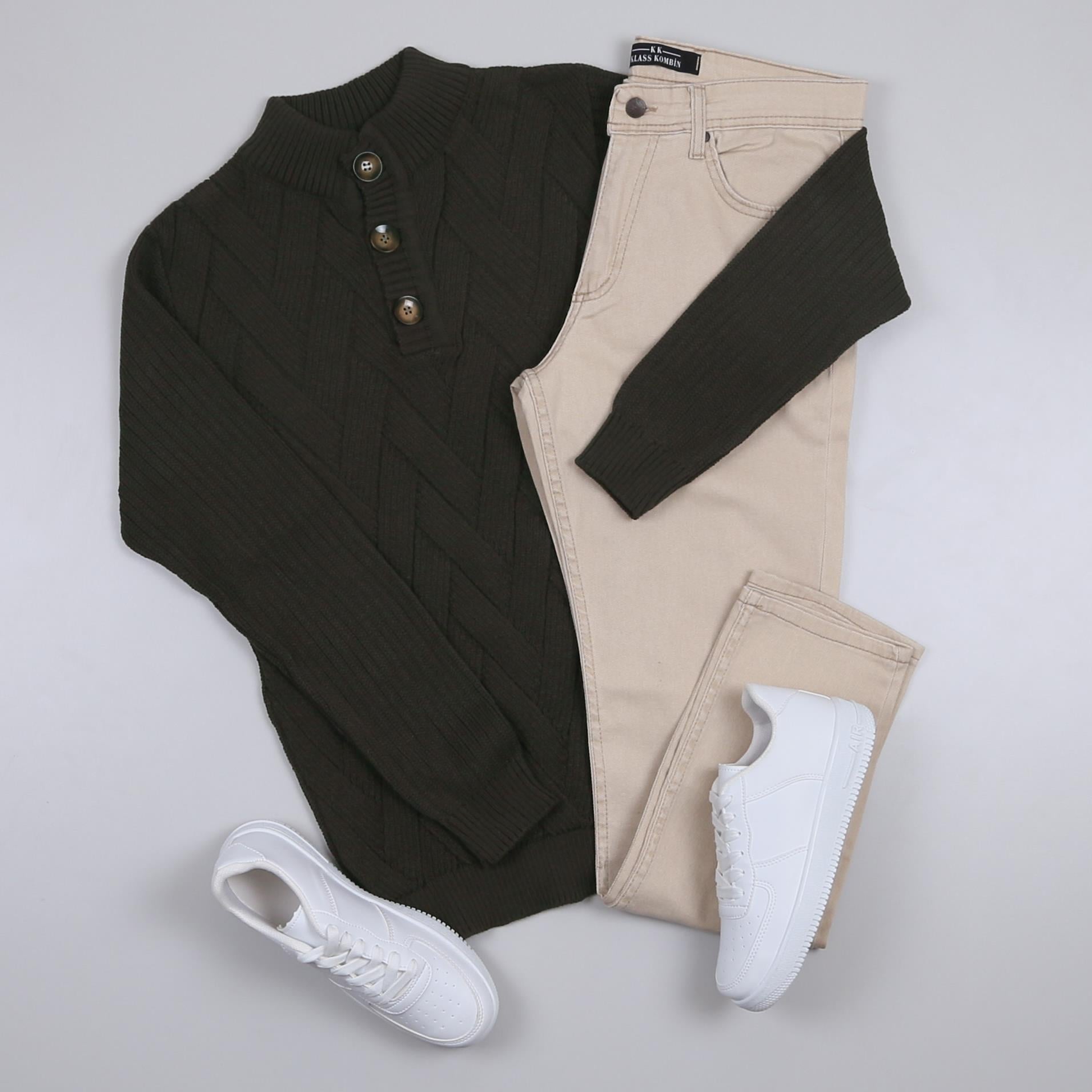 Haki Triko Kazak Kot Pantolon Ayakkabı Kombini