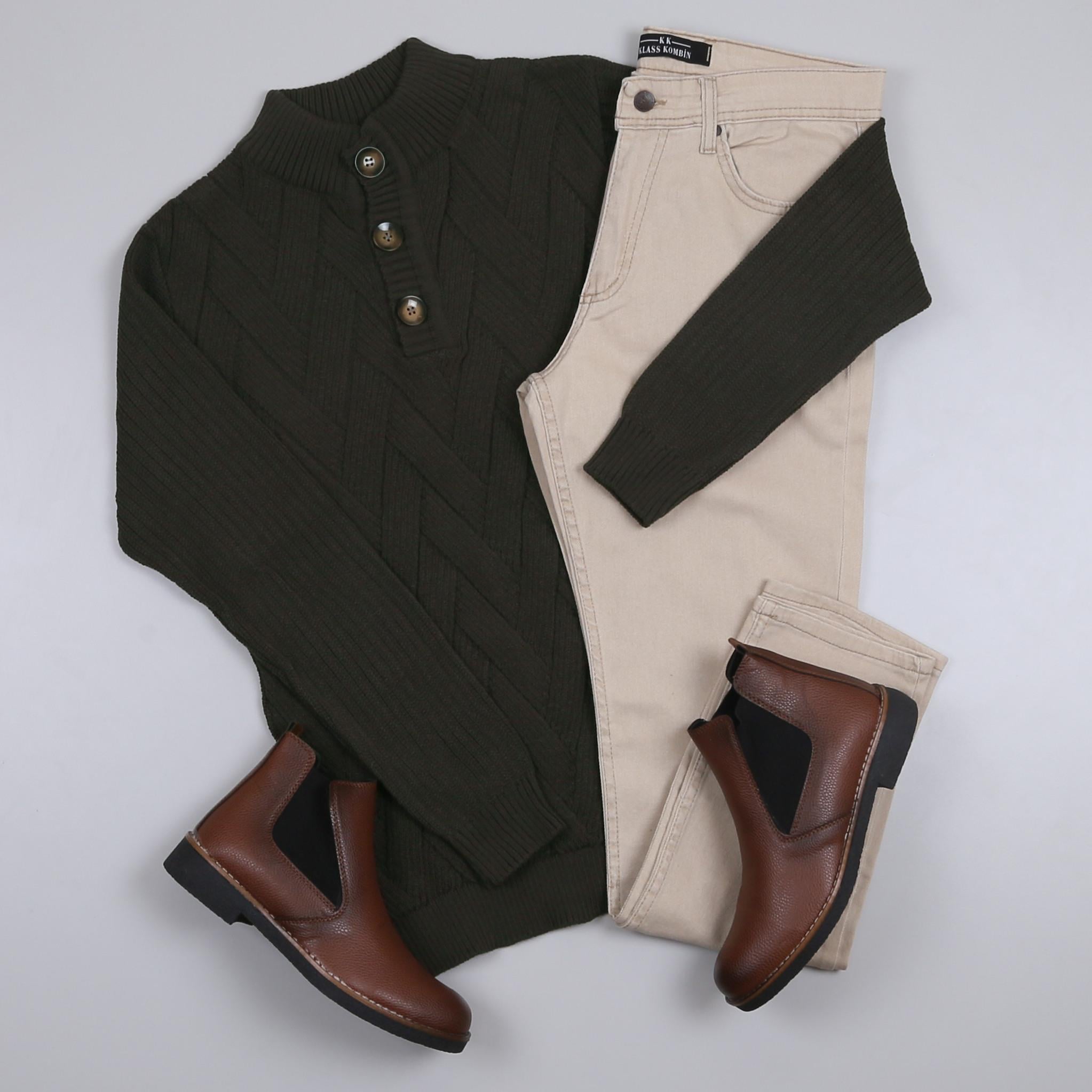 Haki Triko Kazak Kot Pantolon Bot Kombini