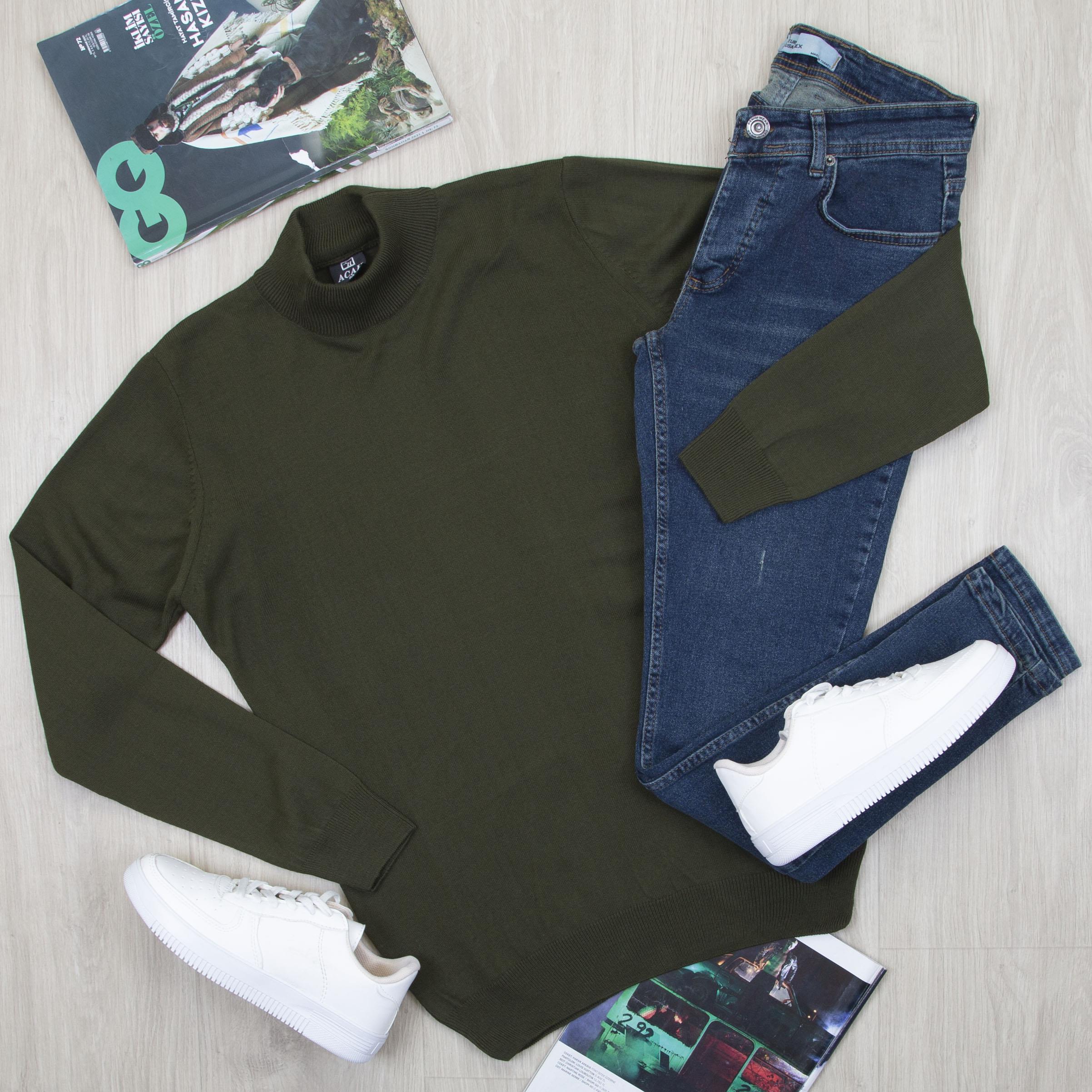 Haki Yarım Balıkçı Kazak Pantolon Ayakkabı Kombin