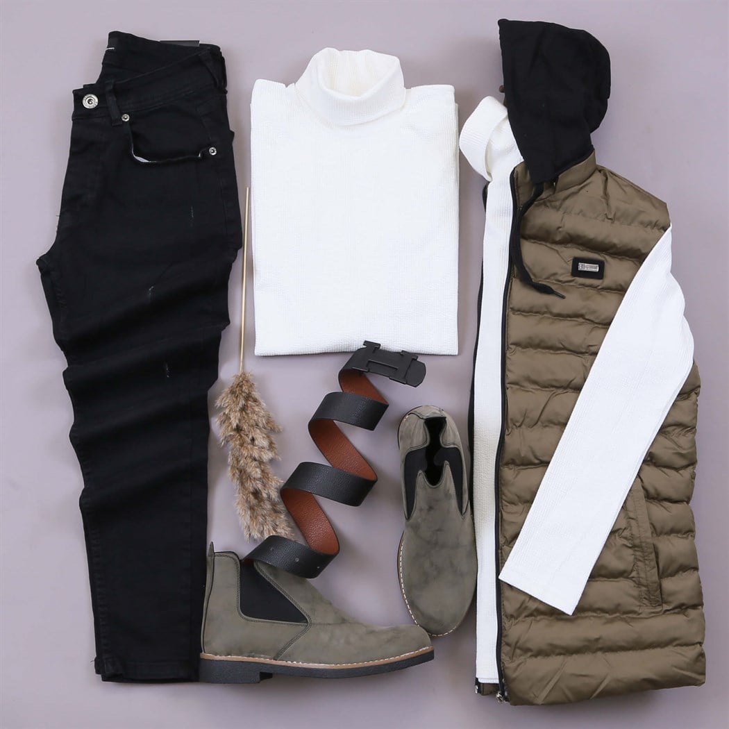 Haki Yelek Kazak Pantolon Bot Kombin