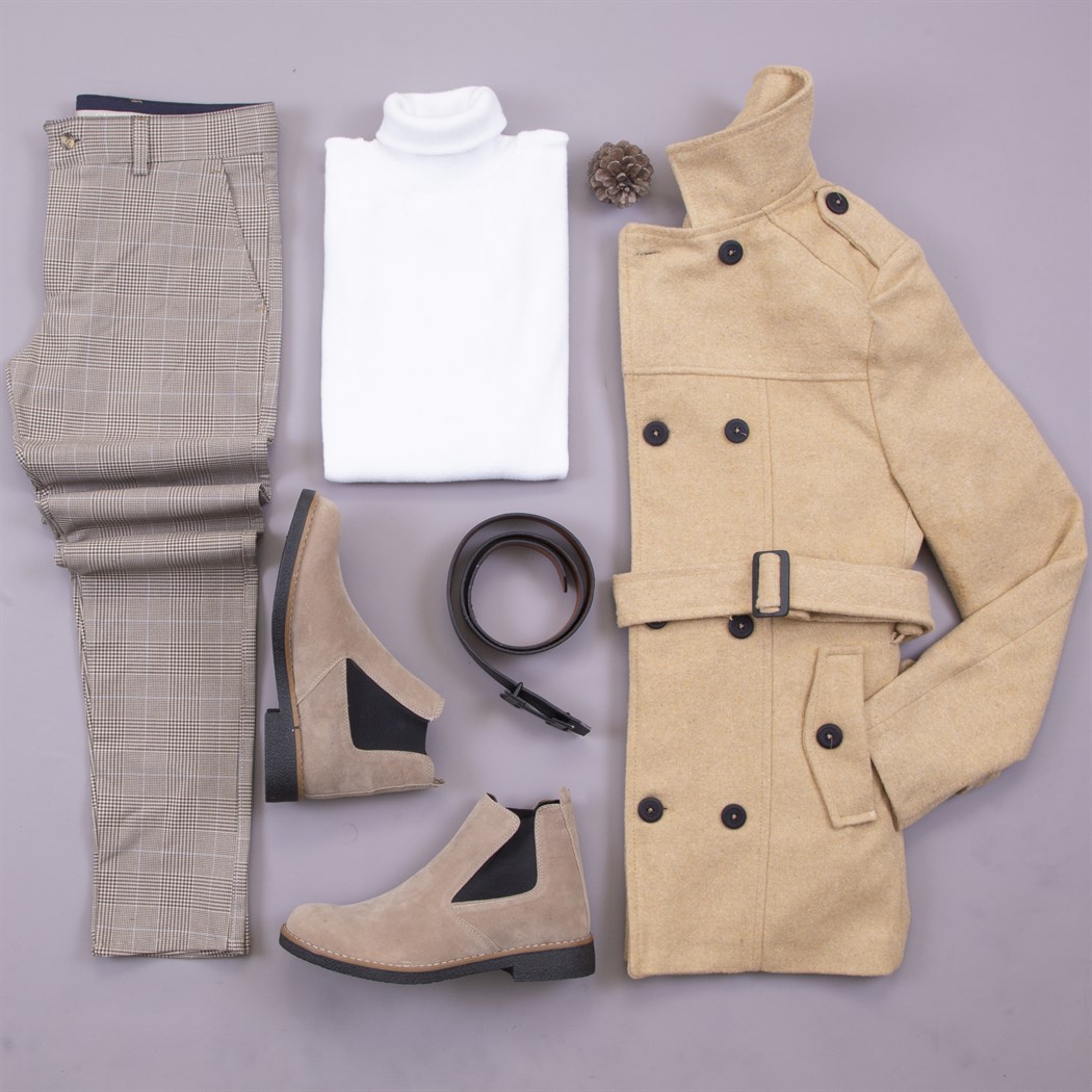 Hardal Kaşe Kaban Ekoseli Pantolon Boğazlı Kazak Bot Kombin