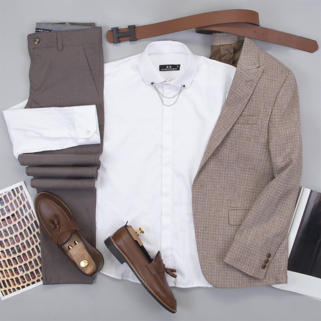 Kahve Blazer Ceket Gömlek Pantolon Ayakkabı Kombin
