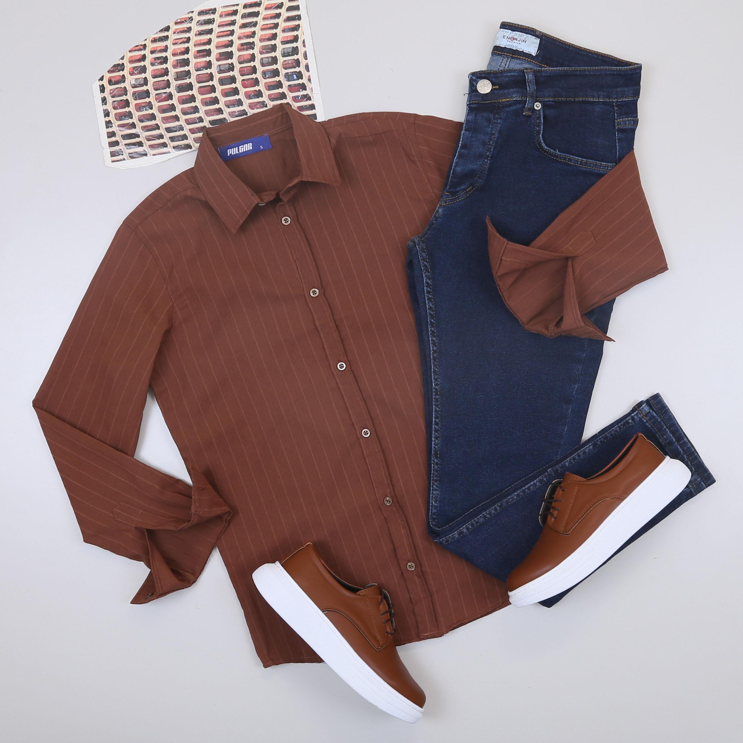 Kahve Çizgili Gömlek Pantolon Ayakkabı Kombin